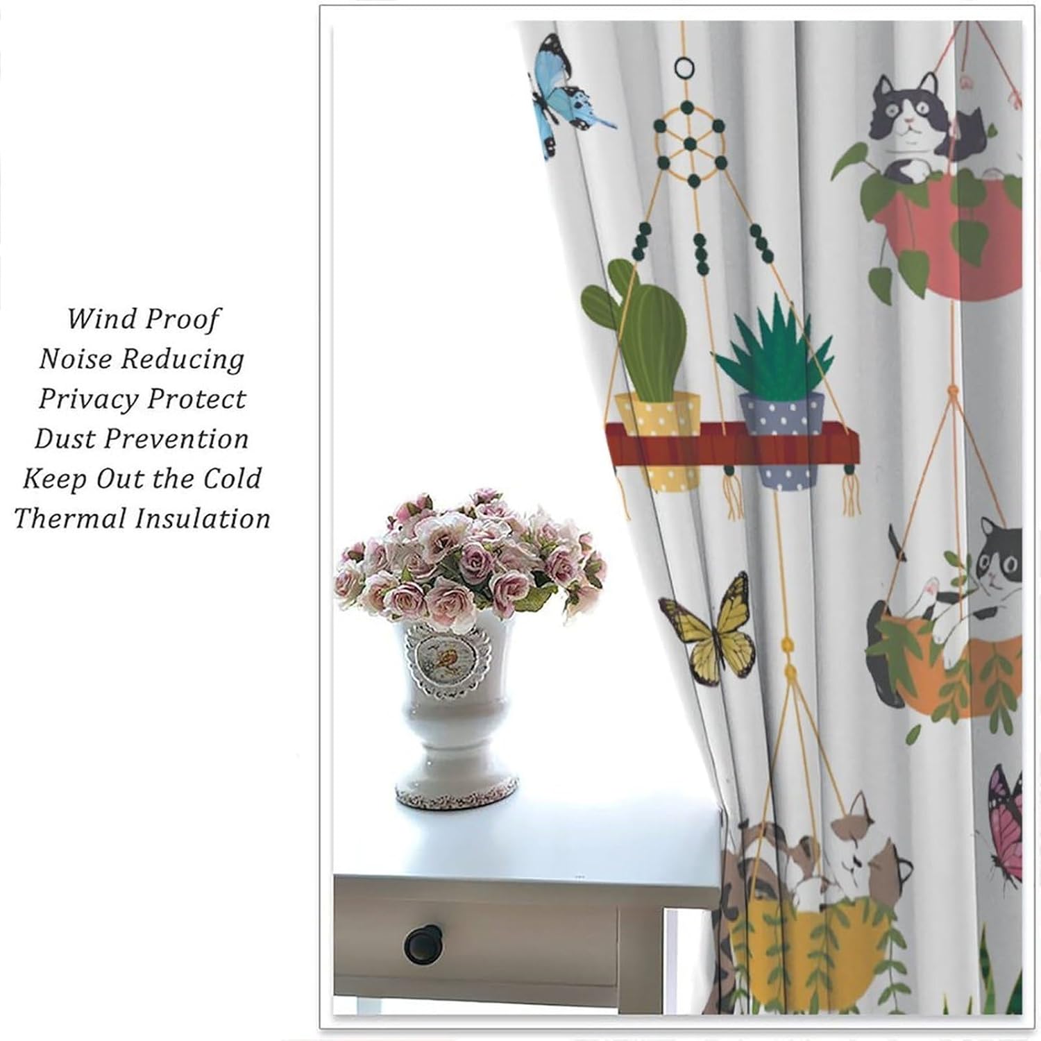 Potted Plant Blackout Curtains Cute Cat & Butterfly Hanging Plants Colorful Illustrations Rod Pocket Window Treatments for Bedroom Kitchen Living Dining Apartment Dorms Cafe 42" W X 45" L