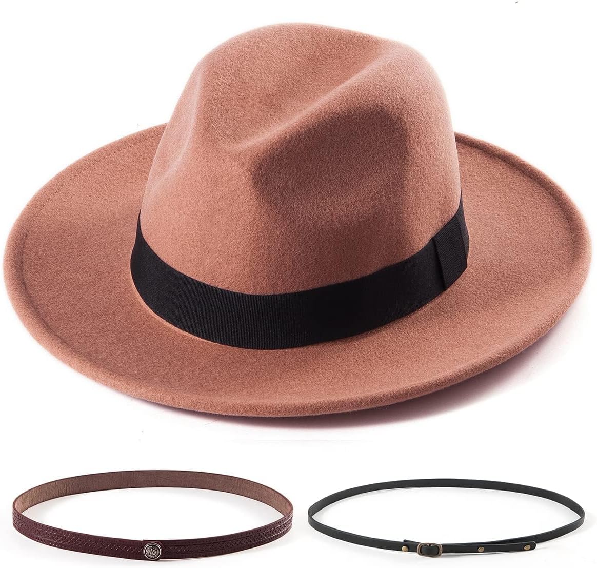 Felt Wide Brim Fedora Hats for Women Men, with Band Belt Buckle, Adjustable