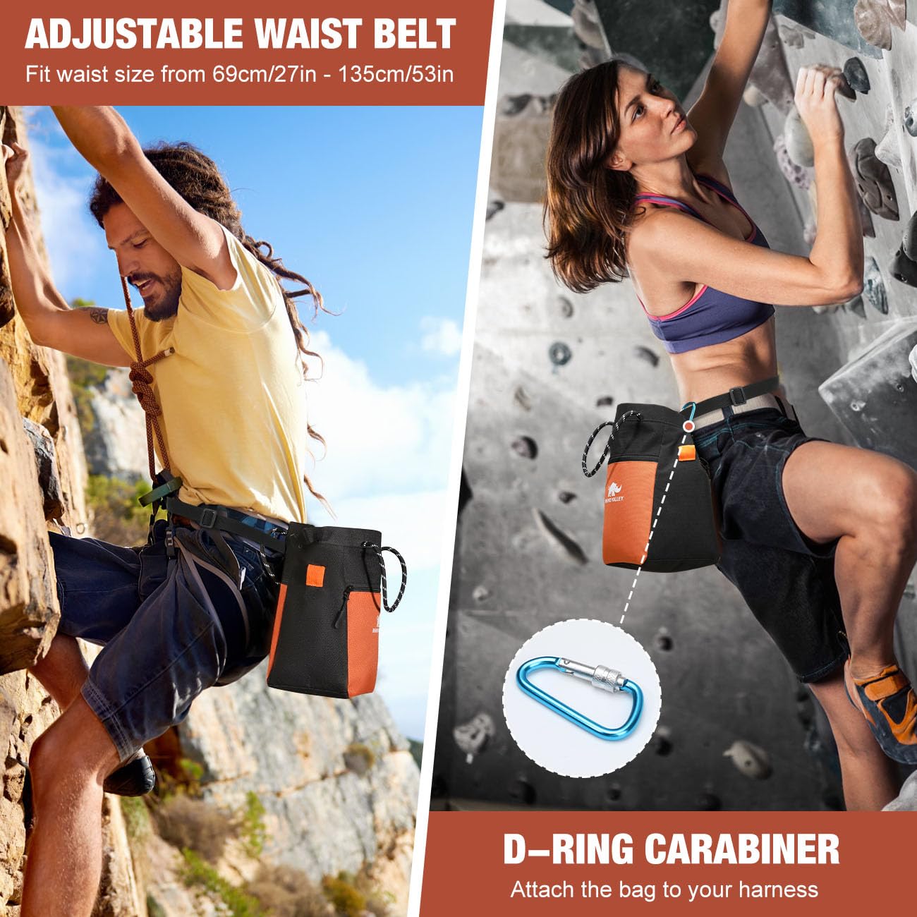 Rhino Valley Torba na Magnezję do Wspinaczki i Boulderingu (Chalk Bag)–Paskiem Regulowanym, Kieszeń na Zamek, Szerokie Otwarcie, Torba na Kredę Boulder, Gimnastyki i Fitness, Czarny/Pomarańczowy