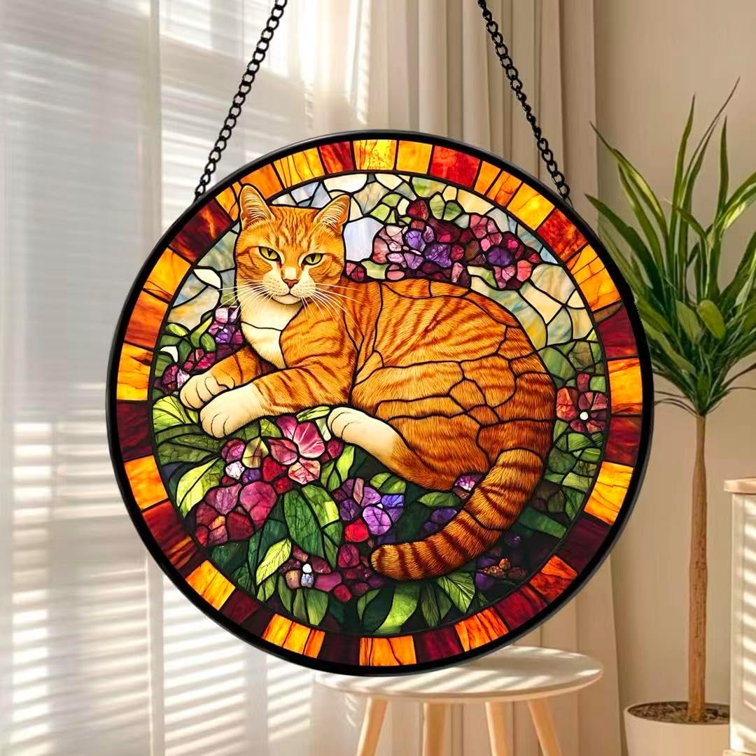 Funoasis Stained Glass Window Hanging 7.8 Inches Suncatcher - an Orange Cat Lying On A Cluster of Purple Flowers Ornaments Sun Catcher Home Decor Women Birthday