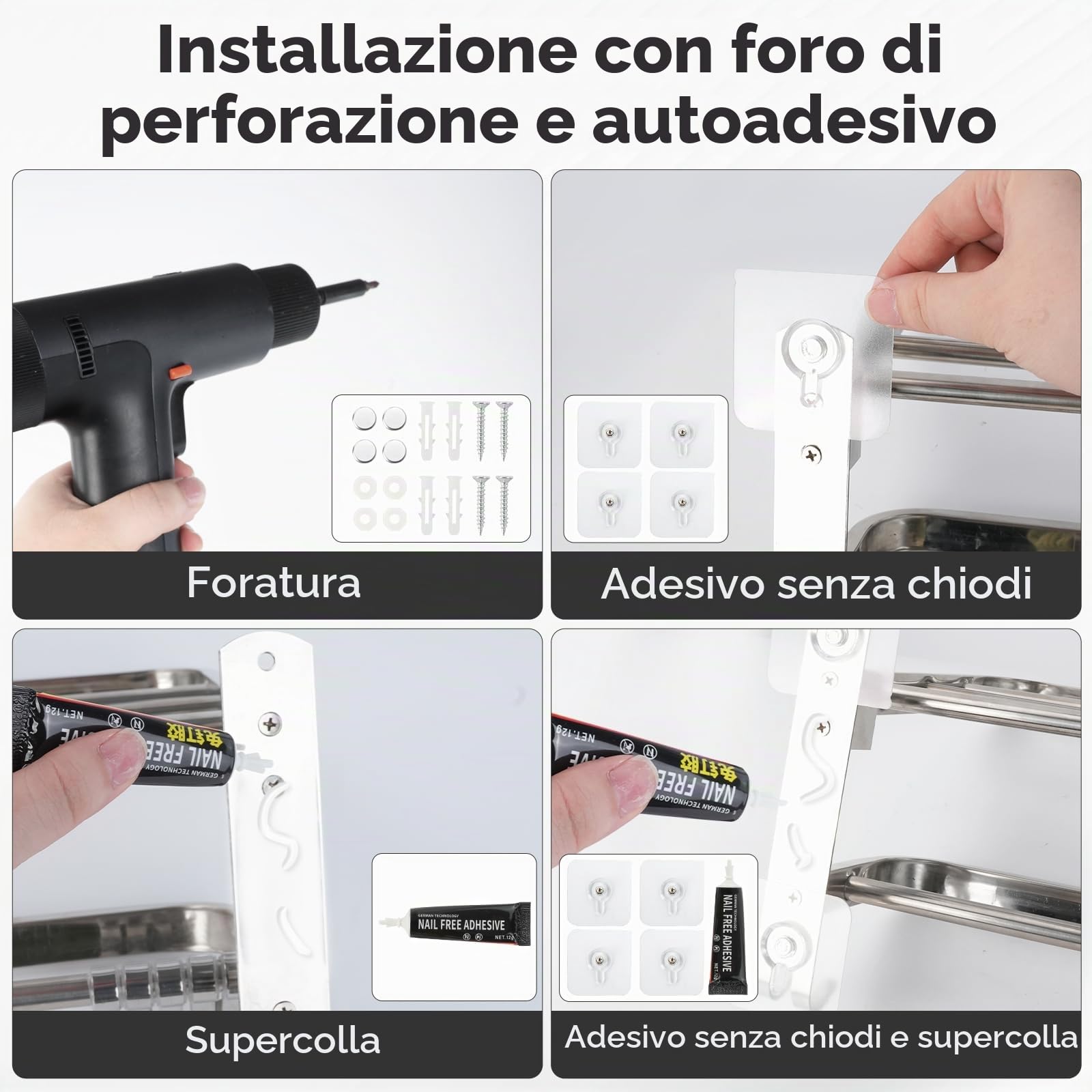 Portasciugamani pieghevole a 90° da parete autoadesivo con 5 ganci, portasciugamani a 2 piani in acciaio inox, mensola da bagno con doppia asta (50 cm)