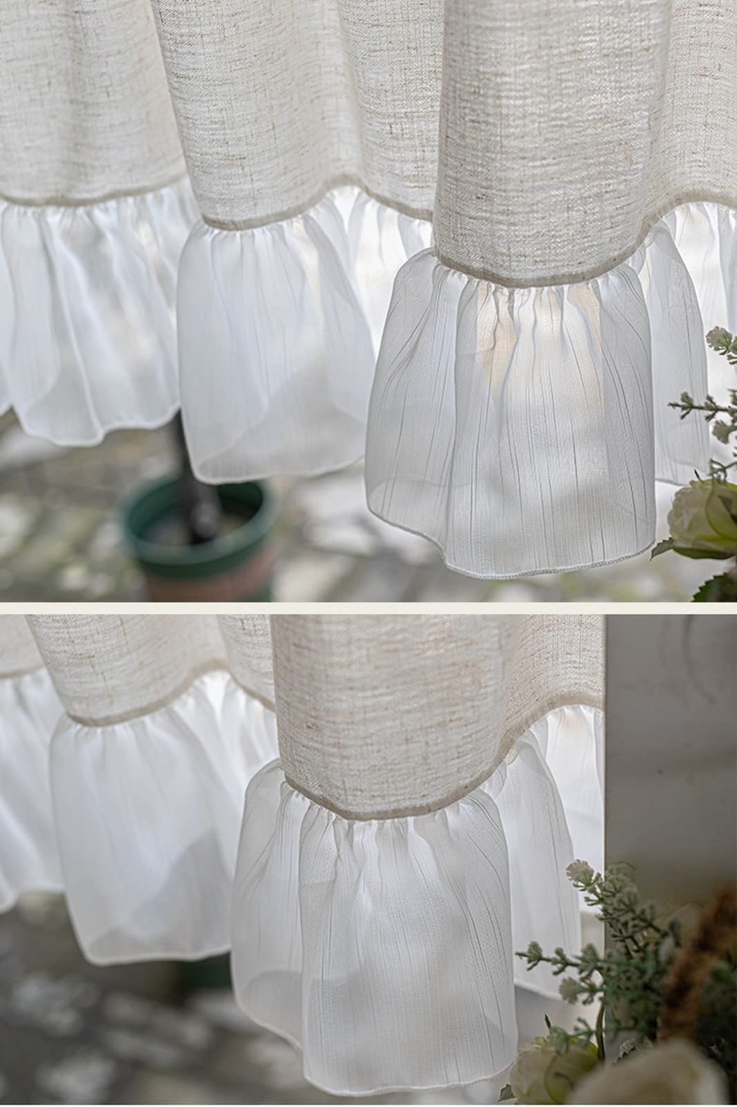 Petit rideau de fenêtre beige en coton et lin avec bordure en dentelle, voile blanc, demi-rideau de cuisine, bistrot, voilage moderne pour porte en verre