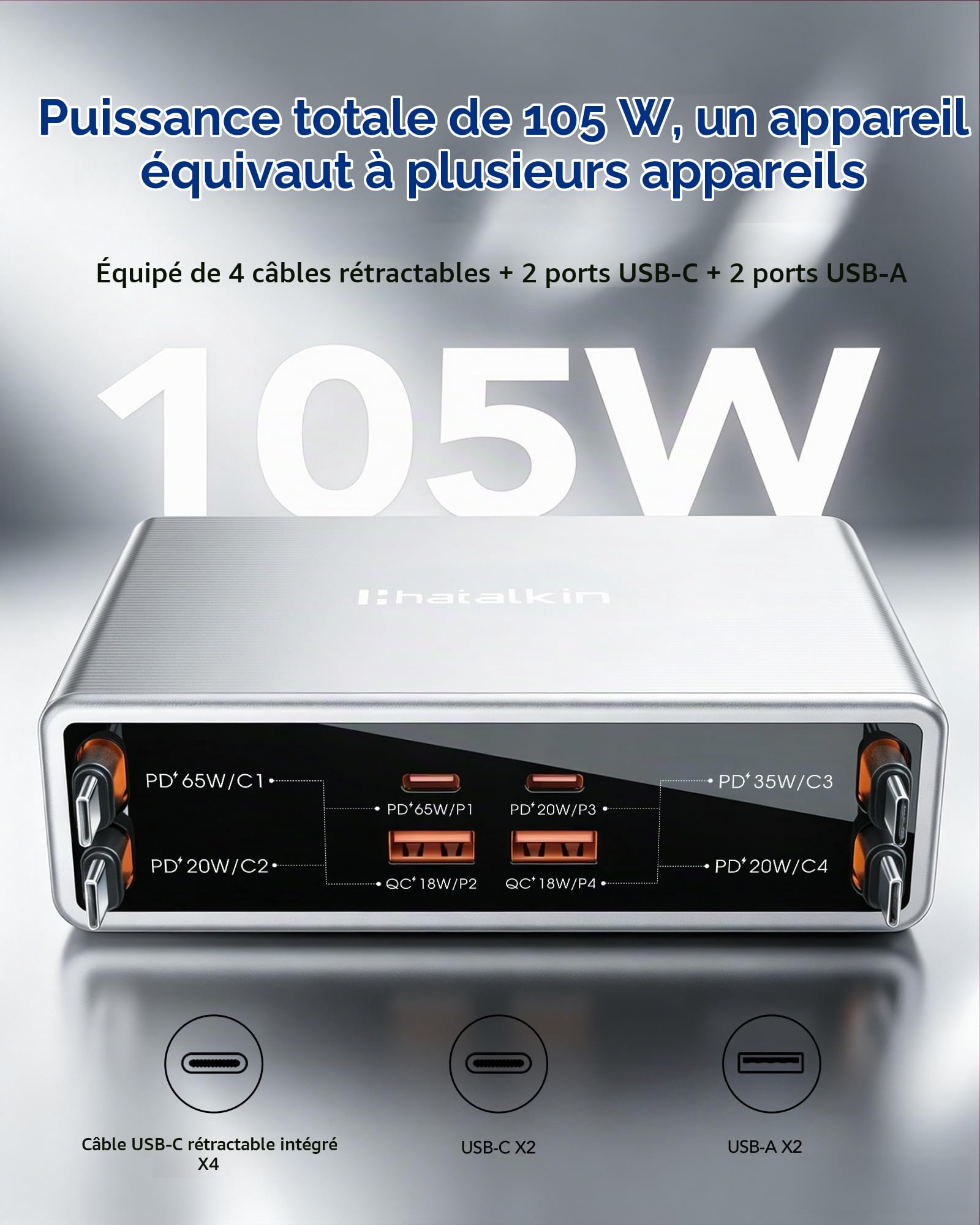 Chargeur rétractable 8 en 1 USB C, station de charge 105 W, plusieurs
