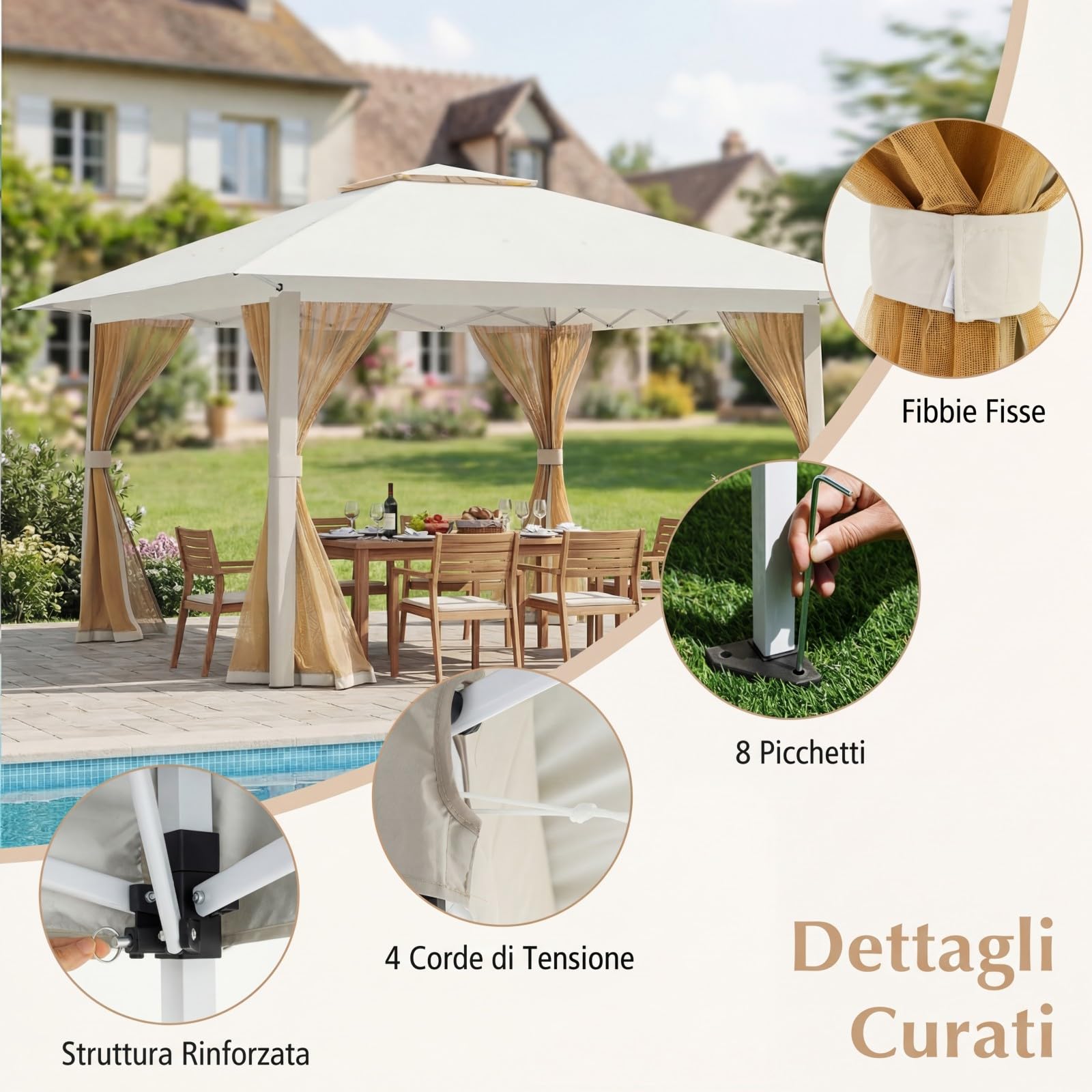 COSTWAY Gazebo da Giardino 3,94 x 3,94 M, Gazebo da Esterno con Zanzariera, Tetto Doppio, 3 Altezze Regolabili e Borsa per il Trasporto, per Feste, Barbecue, Giardino e Spiaggia (Beige)