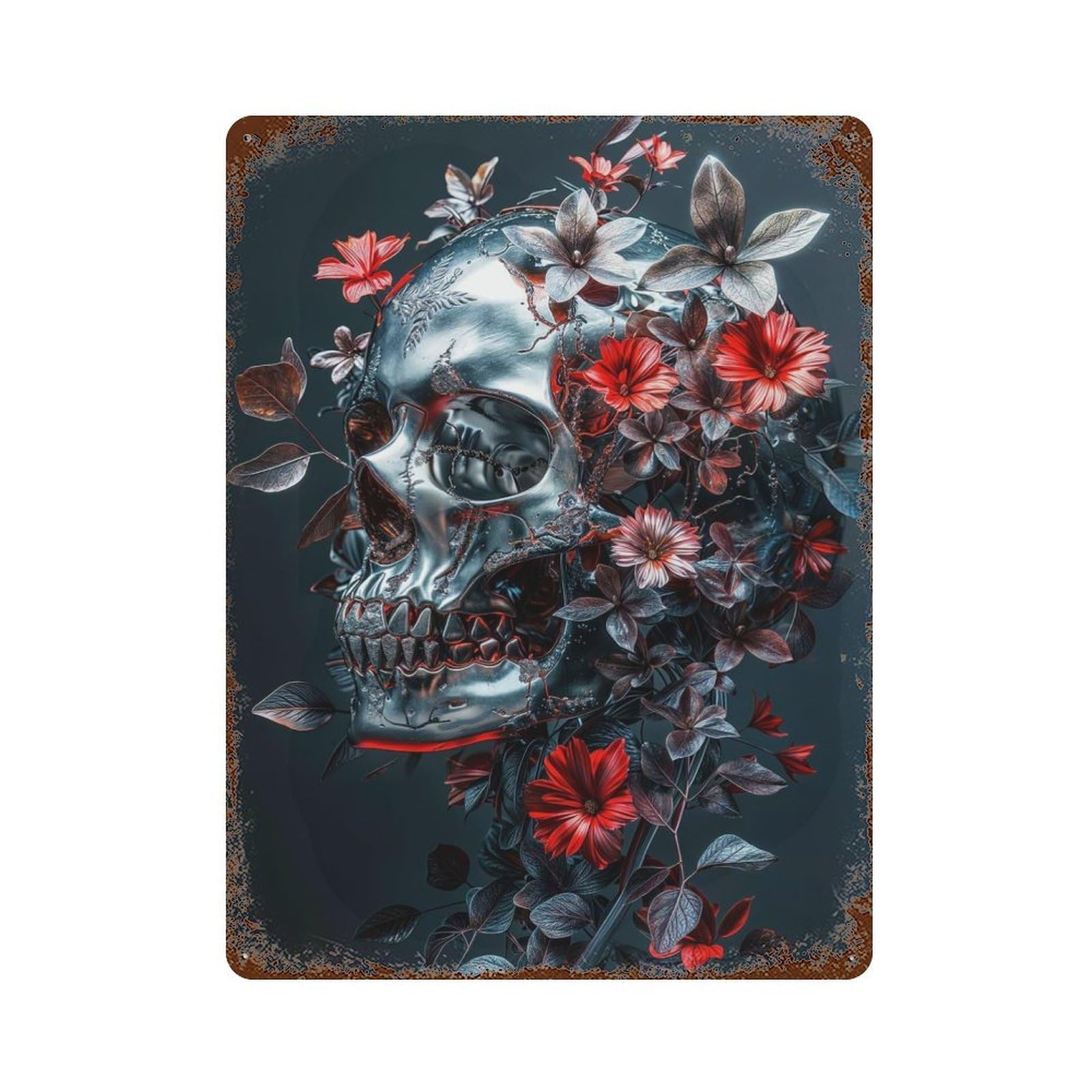 Vintage Rust Metal Sign with Silver Skull of Death Design 15.7"x11.8", for Shed, Workshop And Garage Wall Decor, Classic Wall Plaque