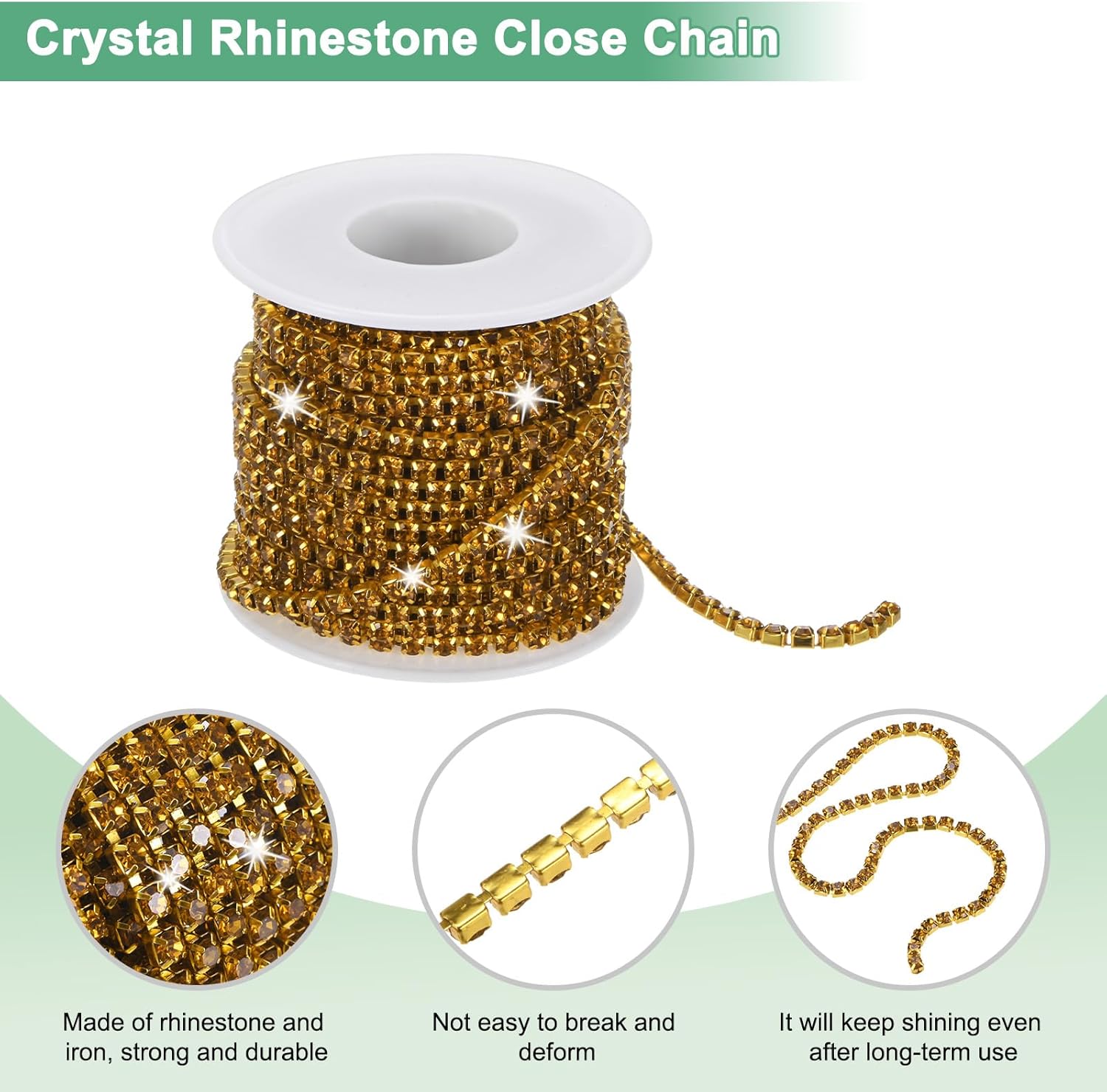 M METERXITY Crystal Rhinestone Close Chain, 4 mm 10 Yards Crystal Single Row Trimming Claw Cup Chain Roll for Sewing Crafts/DIY Decoration/Jewelry Crafts [Golden Yellow]