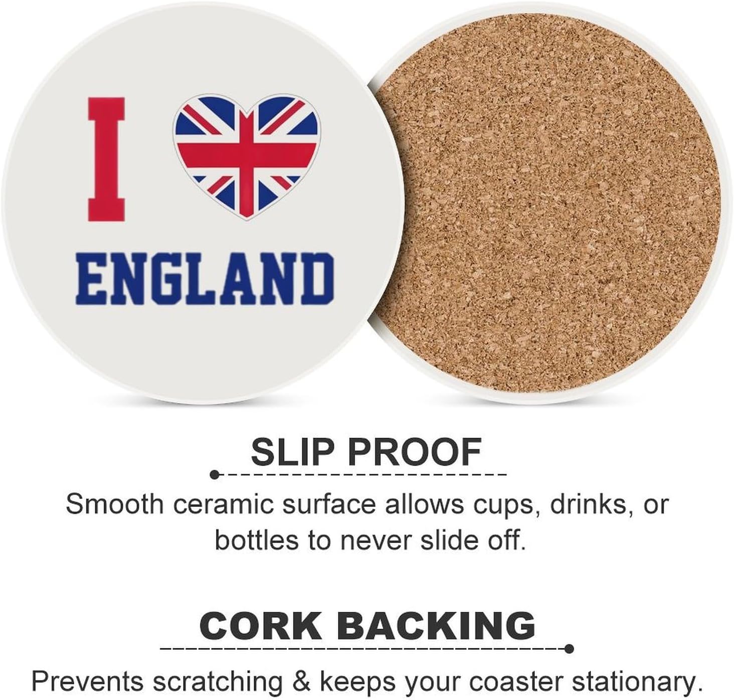 I Love Britain United Kingdom England Round Ceramic Coasters Print Drinks Absorbent with Cork Base for Home Decor Gifts 4 Inch