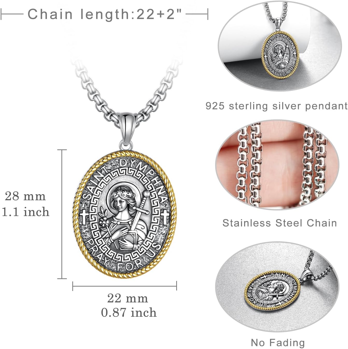 St Dymphna Medal 925 Sterling Silver Saint Medal Necklace Catholic Jewelry Gifts for Men - Image 4