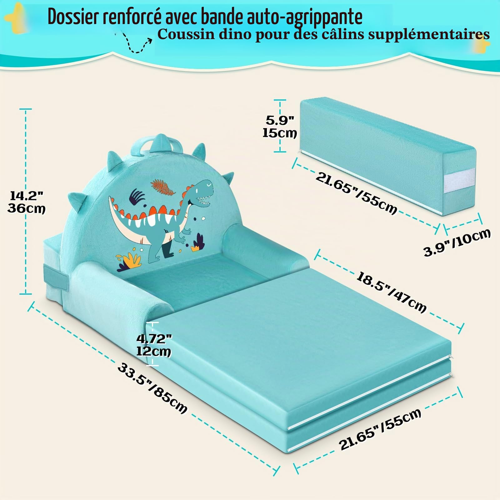 Canapé Enfant Dinosaure, 2-en-1 Chaise Pliante pour Enfants, 150cm canapé en Velours Cristal Doux pour Les Enfants en Bas âge pour la Chambre à Coucher, Le Salon