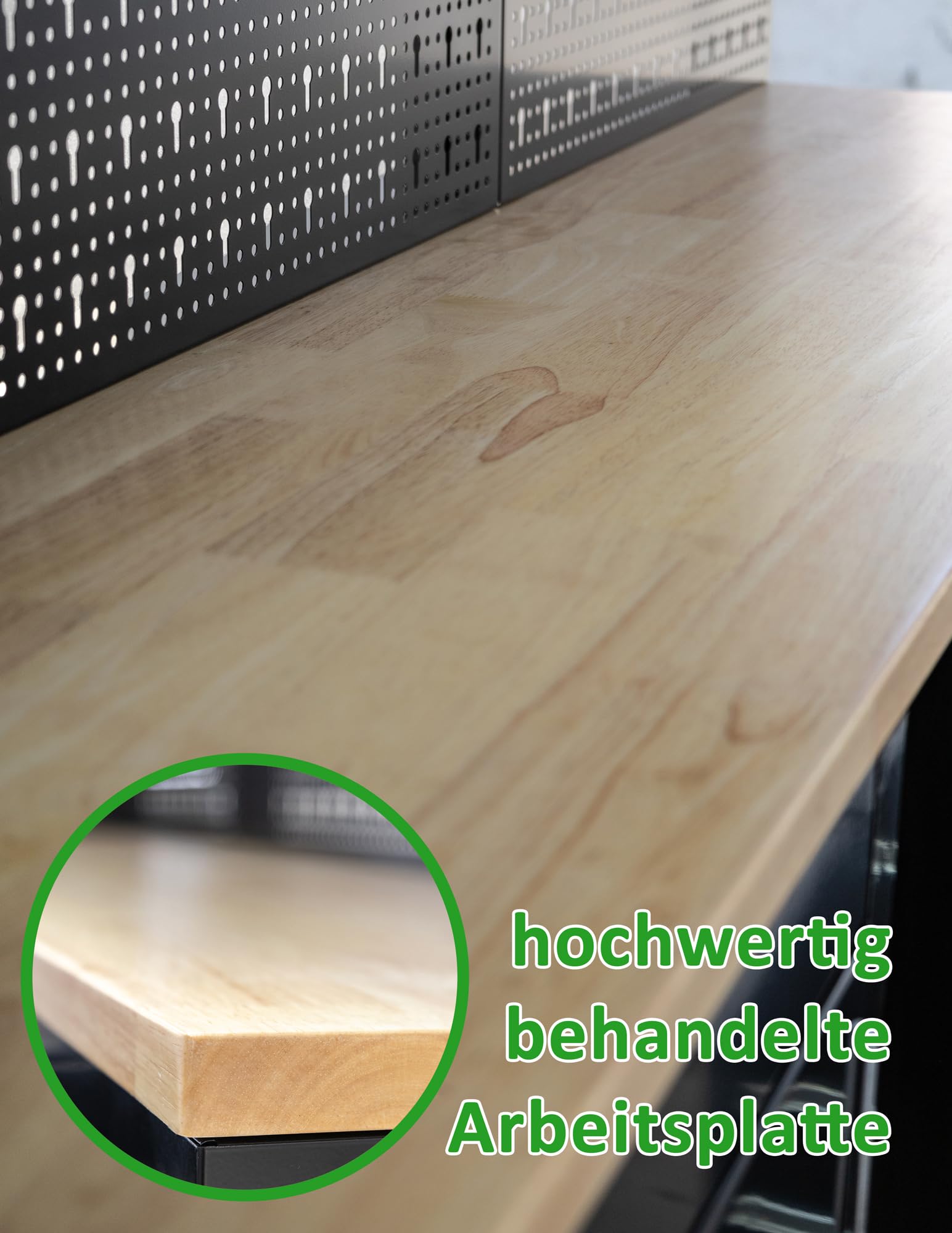 Ondis24 XL Werkstatt Komplett Set 260cm vormontierte Männerküche Werkstattrichtung modular mit Holzarbeitsplatte, Werkzeugschränke, Werkbank mit Schubladen (9 TLG.)