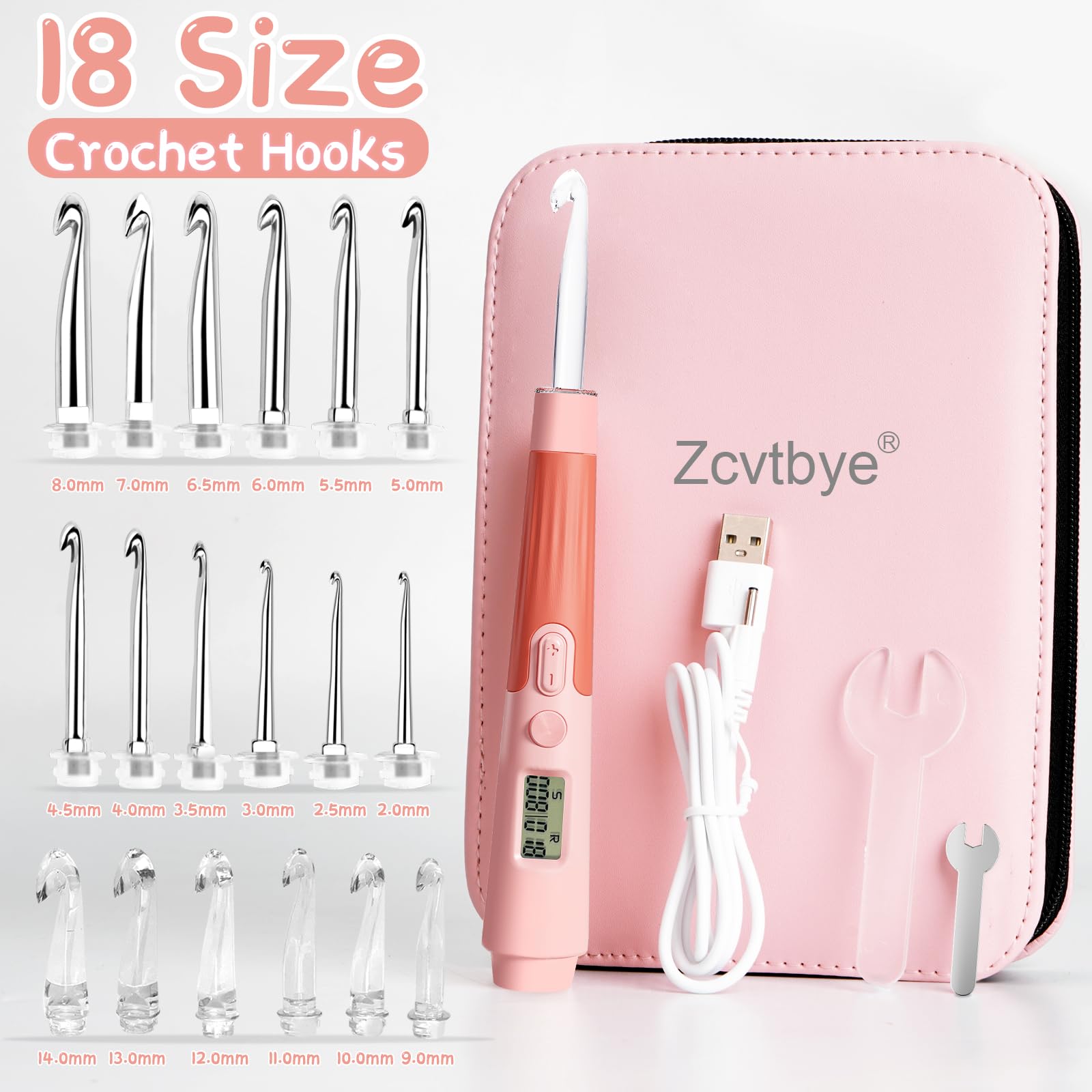 Transplant Juego de agujas de ganchillo 18 en 1 con luz LED con mostrador, llaves y bolsa de almacenamiento, tamaños de 2 a 14 mm, material rosa, plástico y metal, perfecto para principiantes y