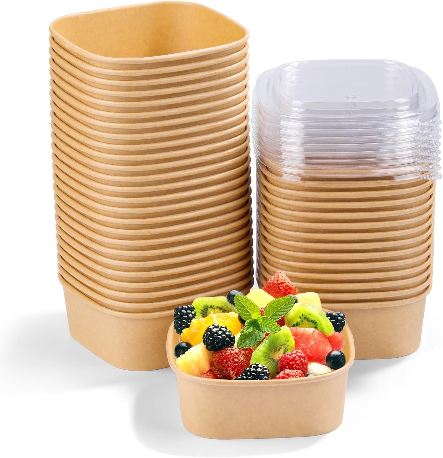 40 Pack 17 oz Paper Bowls, Disposable Food Containers with Lids, Square Disposable Bowls, Disposable Salad Bowls with Lids for Diet Salad, Ice Cream, Yogurt, Party Food