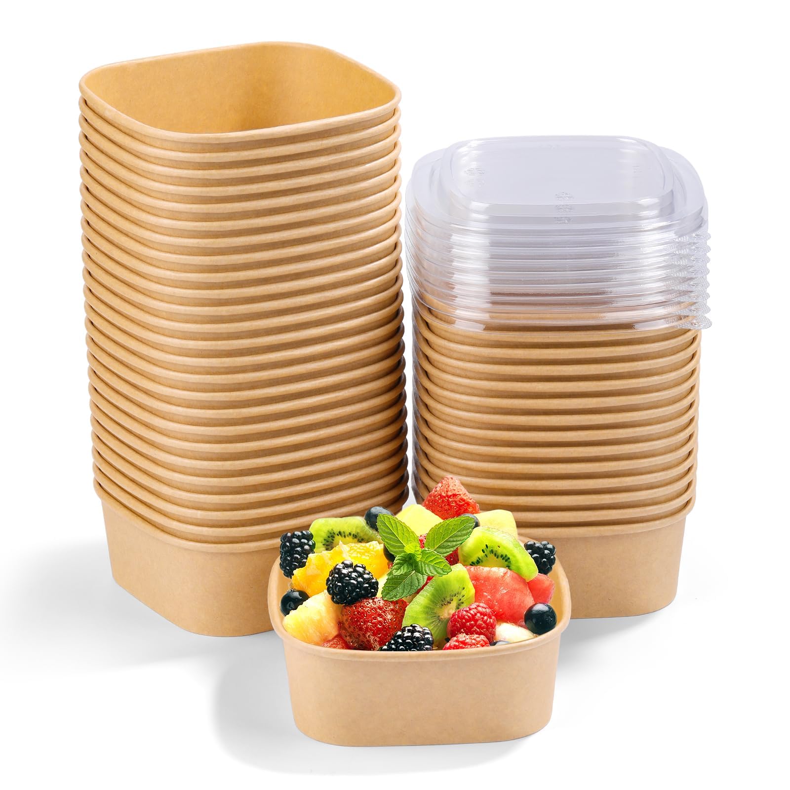 Fniiva 40 Pack 17 oz Paper Bowls, Disposable Food Containers with Lids, Square Disposable Bowls, Disposable Salad Bowls with Lids for Diet Salad, Ice