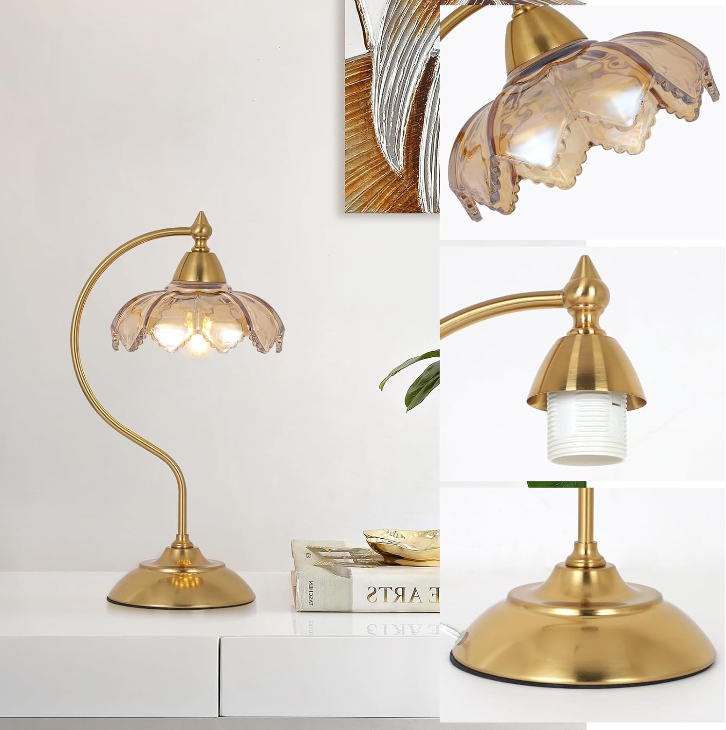 Table Lamps for Living Room, Flower Desk Lamp, Glass Beside Lamp for Nightstand, Gooseneck Small Table Lamp, Mid Century Modern Desk Light, Table Light for Bedroom Home Office Reading (Amber)