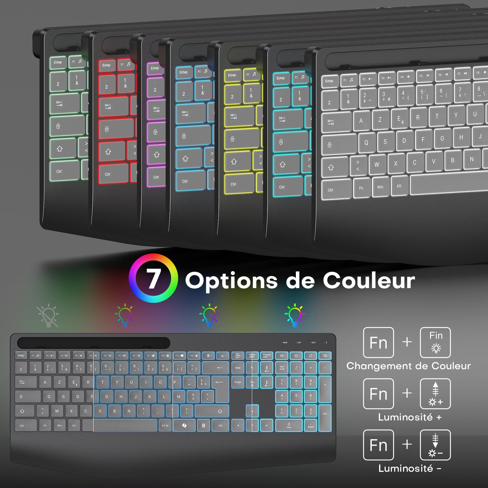 OMOTON Clavier sans Fil AZERTY Français, 2,4G Clavier Ergonomique Rechargeable avec Repose-Poignet, Wireless Keyboard Rétroéclairé, Compatible PC Windows/Linux, Idéal Bureau, Gris Graphite