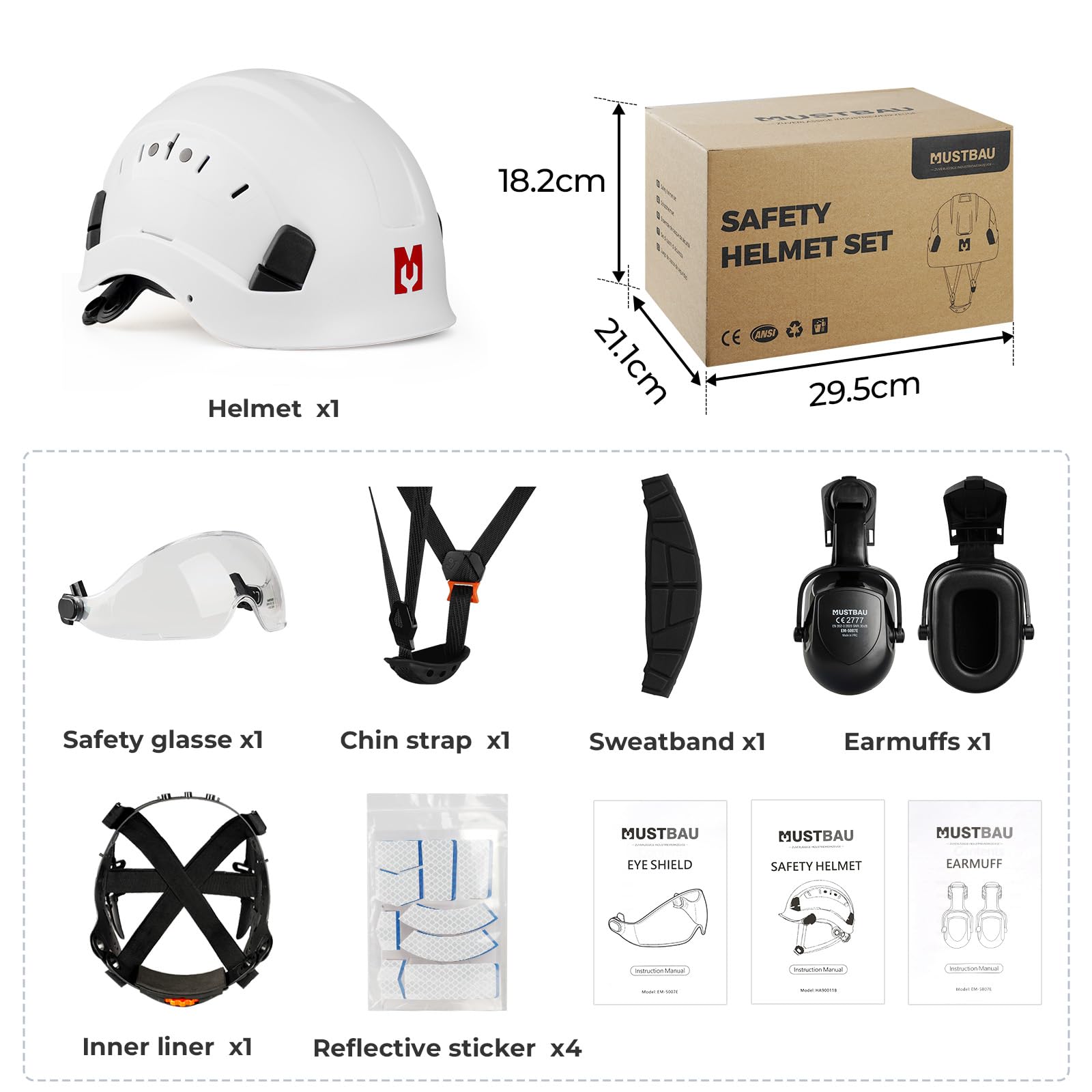 Casque de Sécurité, Casques de Protection EN397 avec Coquilles Antibruit et Visière, 53 à 63 cm Tour de Tête Réglable, Matériau ABS Résistant pour Hommes Femmes