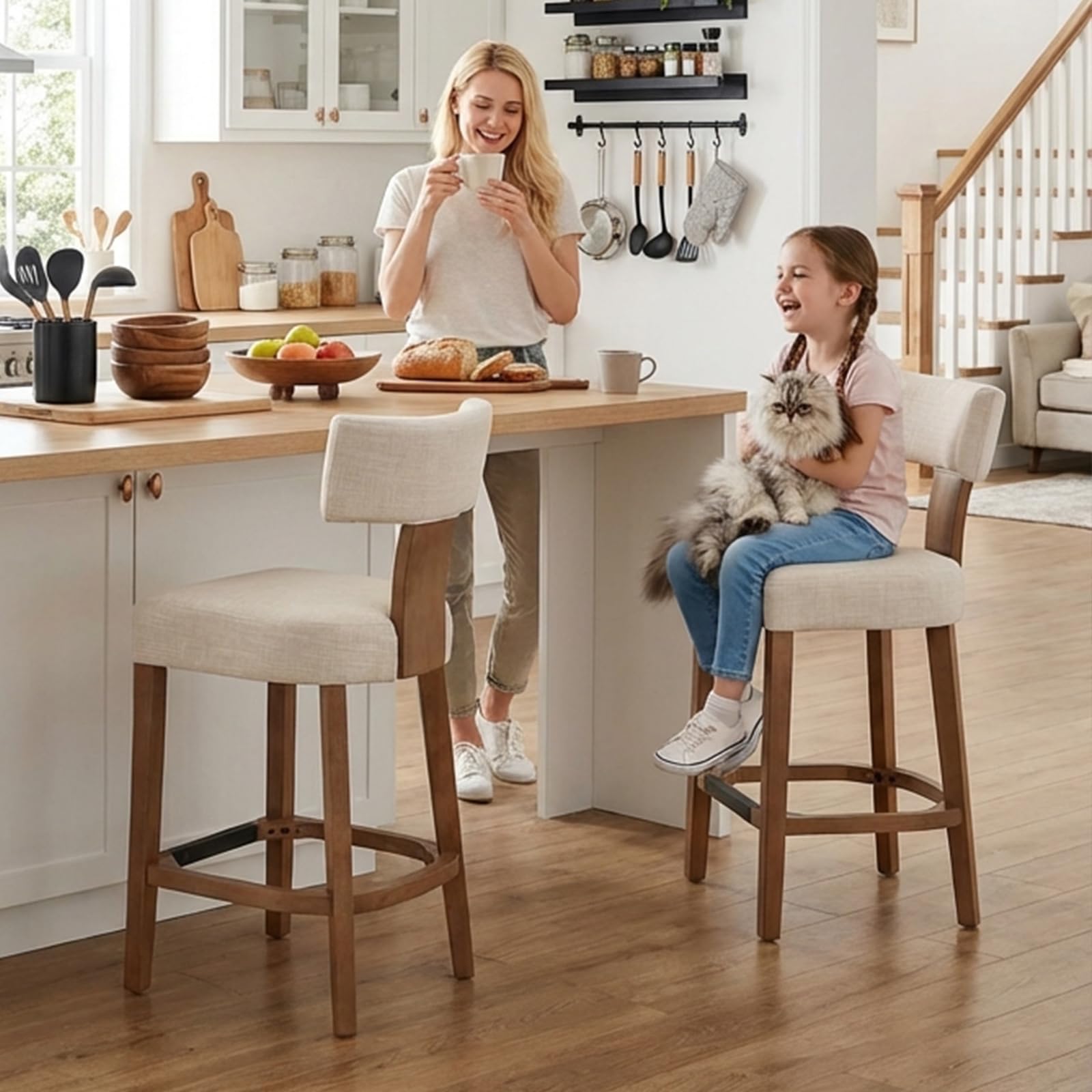 26’’ Farmhouse Bar Stools Set of 2, Linen Upholstered Counter Height Barstools with Back Modern Counter Stools Wood Barstools with Hardwood Frame, Bar