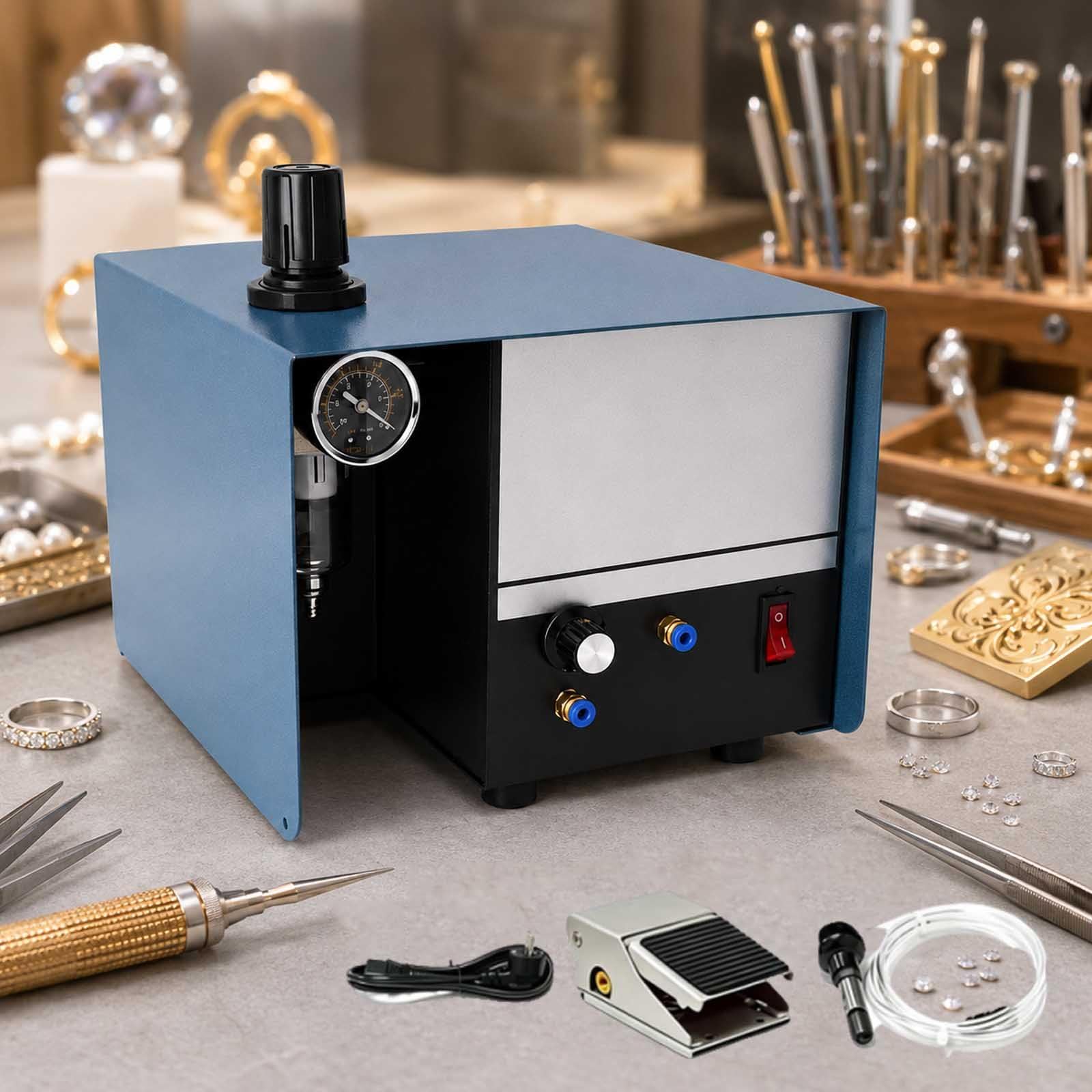 Pneumatic Engraver, 80W Single Head Engraving Machine for Metal and Jewelry, 0-1400 RPM Adjustable Jewelry Engraving Machine, Metal Engraver Tool with Foot Pedal for Jewelry Maker,Wood, Glass, Plastic