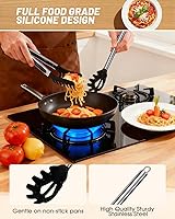Vista 3 de Cuchara de espagueti y pinza para pasta con dientes de agarre y orificios de drenaje, cabezal de silicona antiadherente de 2 piezas con mango