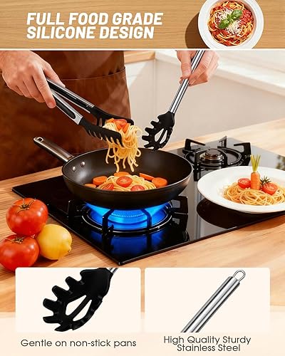 Miniatura 3 de Cuchara de espagueti y pinza para pasta con dientes de agarre y orificios de drenaje, cabezal de silicona antiadherente de 2 piezas con mango