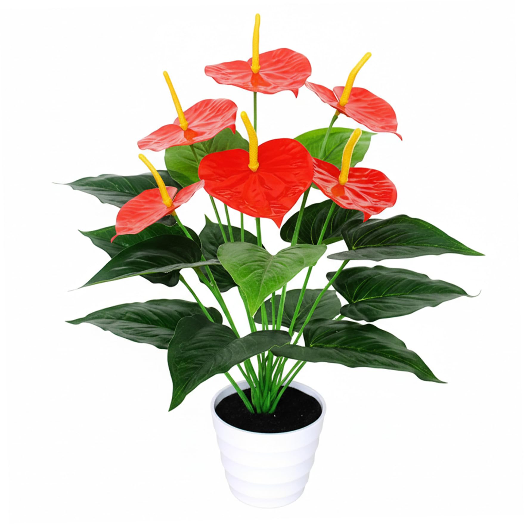CAKEEYUM 19.7 Inch Tall Lifelike Anthurium Artificial Flowers 6 Red Blooms in White Pot Realistic Artificial Plants Indoor Decor