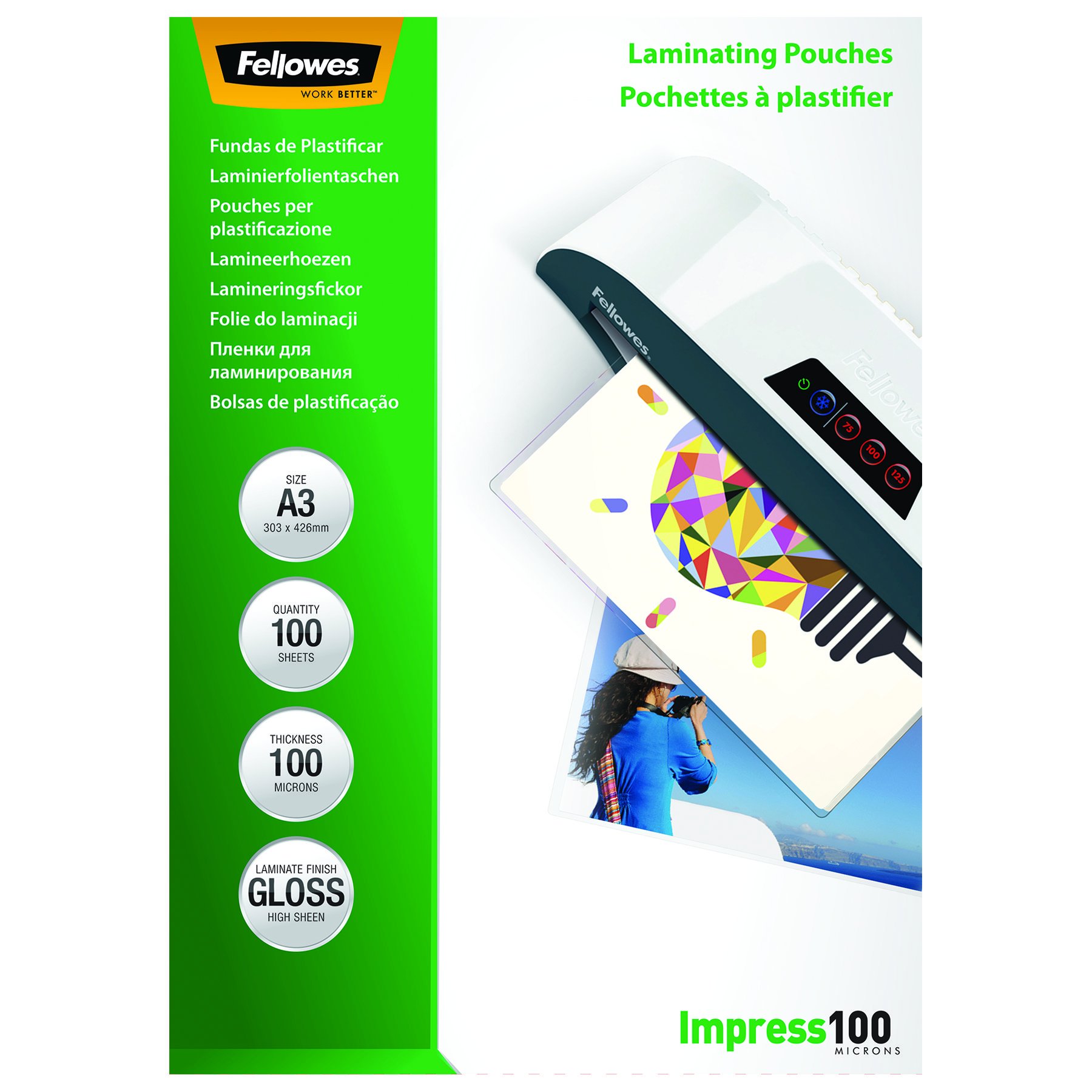 Olympia A 330 Plastifieuse format max. DIN A 3 (330 mm), chaud froid, 6 pochettes incluses, Noir & Fellowes 5351205 Pochettes de plastification brillantes Impress 100 microns A3 - Pack de 100