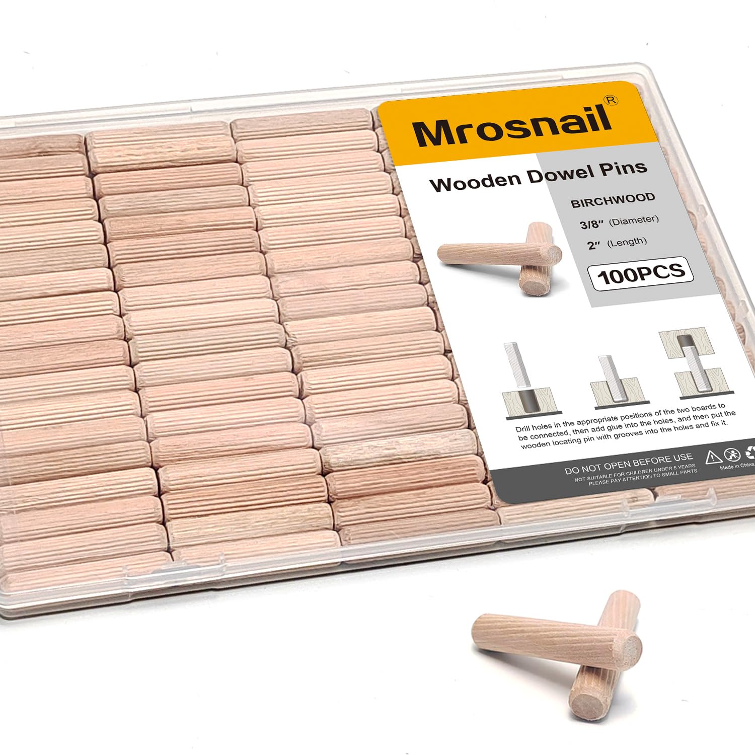 100 Pcs Wooden Dowel Pins, 3/8 x 2 inch Fluted Wood Dowels Hardwood Pegs for Sofa Frames, Heavy Furniture Repair, Large-Scale Wood Projects