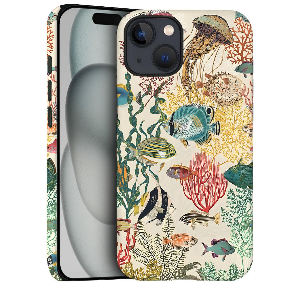 Generic Case for iPhone 14 - [Drop Protection Phone Cover] - Hybrid Case for Girl Women - Coral Jellyfish Reefs