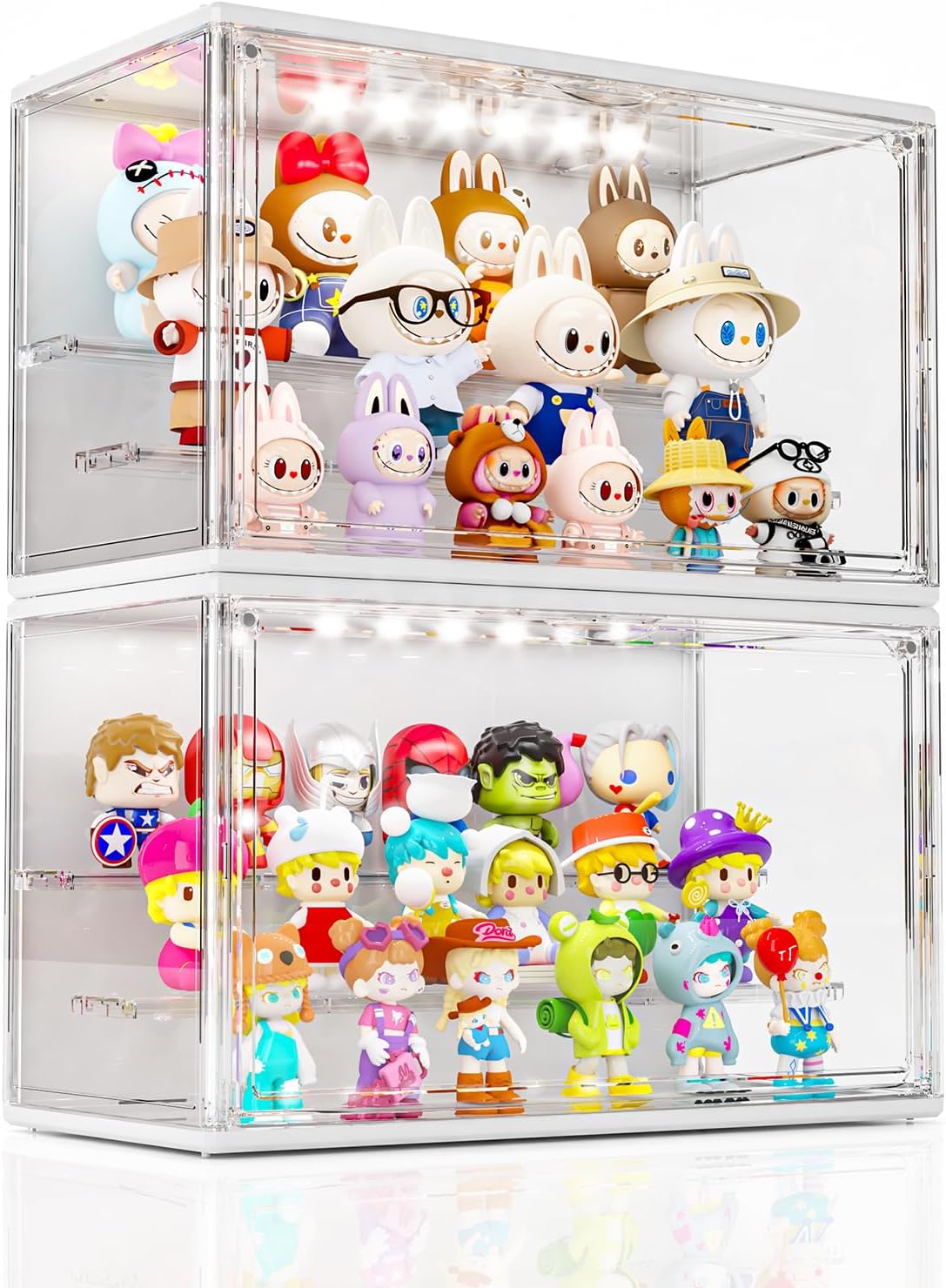 Acrylic Display Case for Collectibles with LED Light, 3 Layer Adjustable Figure Display Case with Magnetic Door, Lighted Display Box Stackable Clear Blind Box for Action Figure, Popmart, 2 Pack