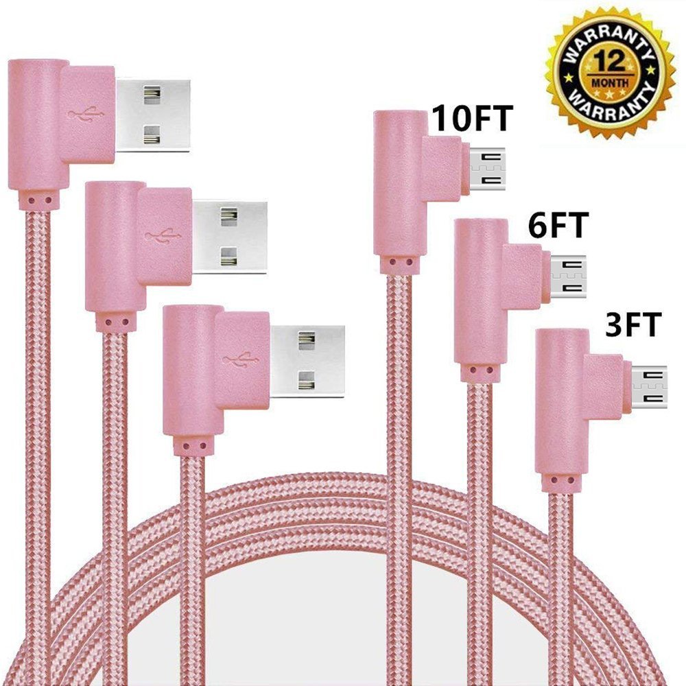 Micro USB Cable, CTREEY 90 Degree 3 Pack 3FT 6FT 10FT Long Premium Nylon Braided Android Fast Charger USB to Micro USB Charging Cable for Samsung Galaxy S7 Edge/S6/S5, Note 5/4/3 (Pink)
