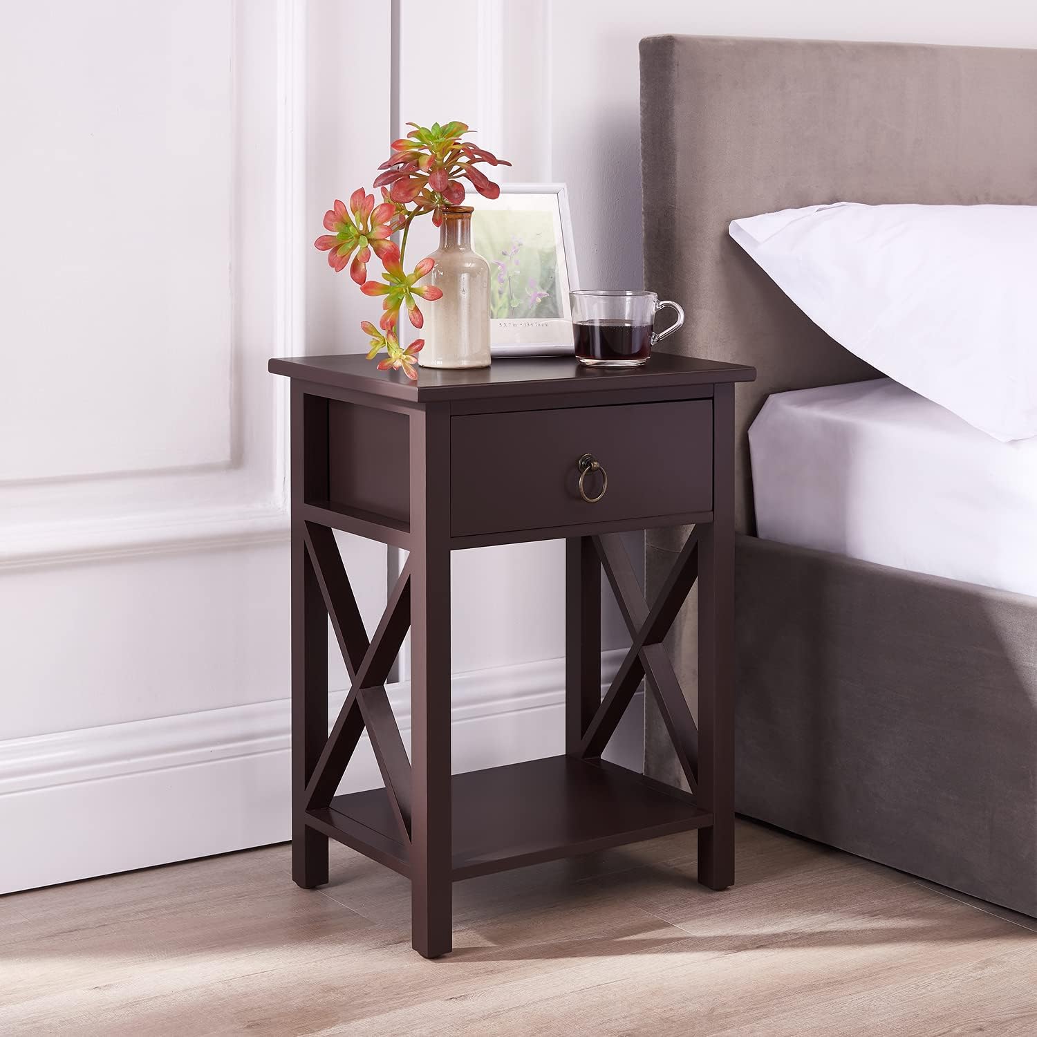 Espresso Solid Wood Small End Table with Drawer and Shelf