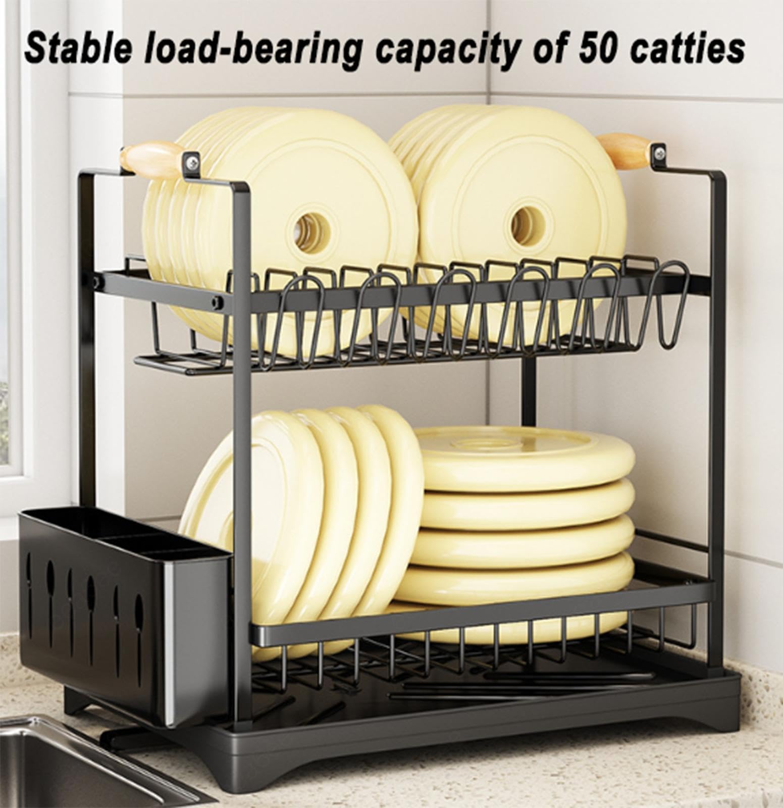 Escurridor de platos para encimera de cocina, estante de platos de 2 niveles con soporte para cubiertos, estante de drenaje grande con bandeja de goteo, estante de drenaje giratorio de 360 grados