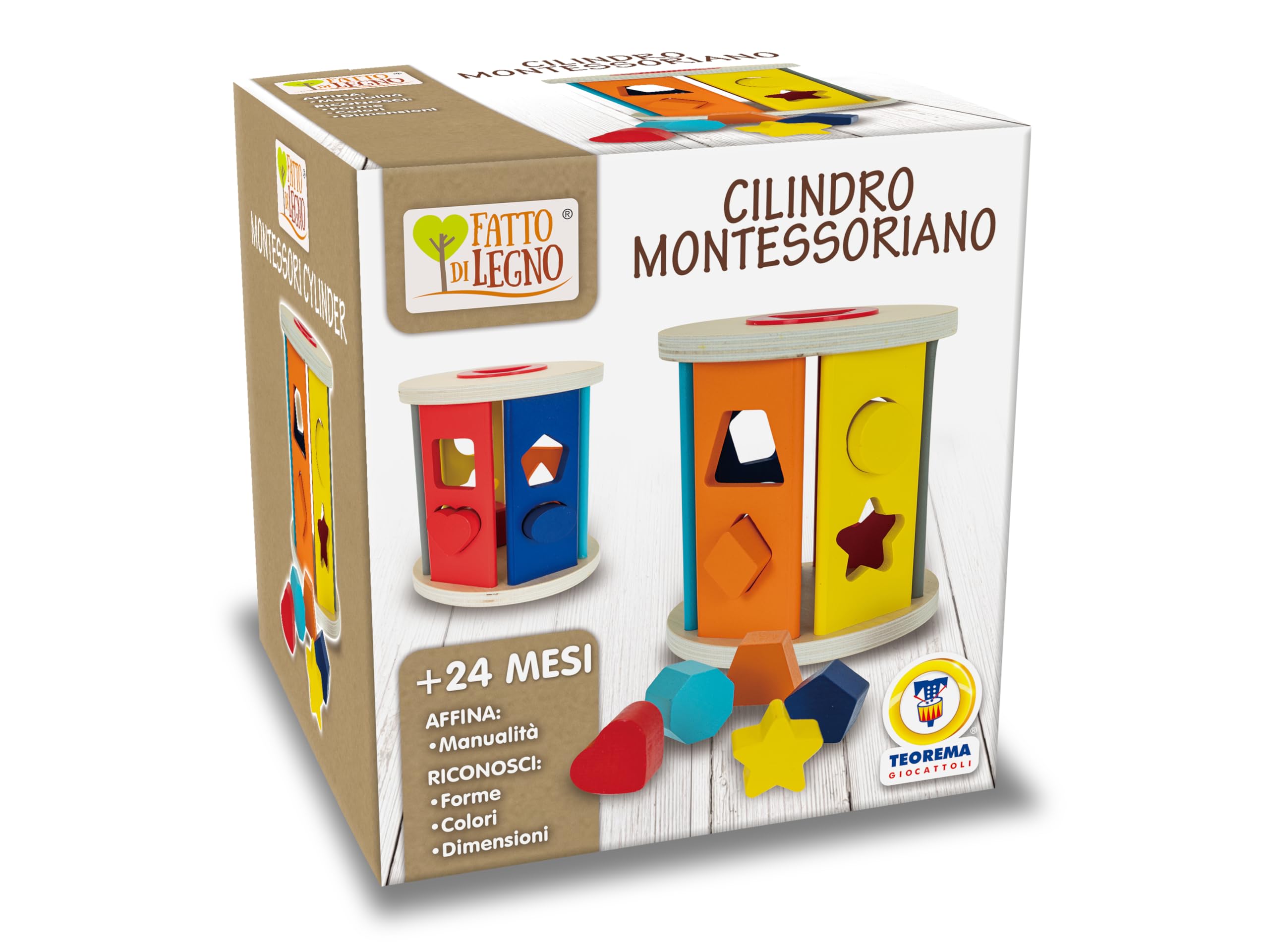 Teorema, Fatto di Legno Montessorianischer Zylinder aus Holz, Lernspiel zur Erkennung von Formen und Größen, mehrfarbiges Formenspiel für Kinder ab 24 Monaten