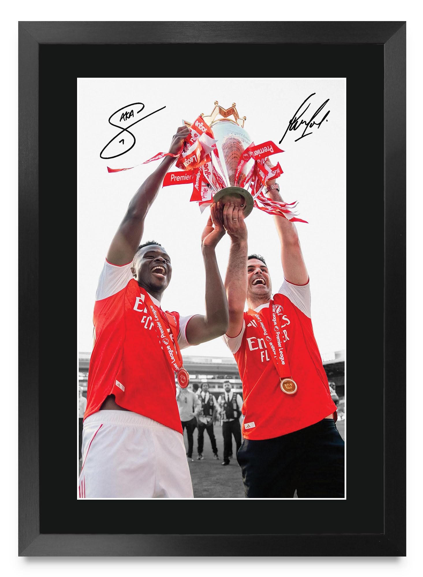 HWC Trading Bukayo Saka & Mikel Arteta Arsenal Winners Gifts Printed Signed Autograph Picture for Football Fans and Supporters - A3 Framed (ID-009350)