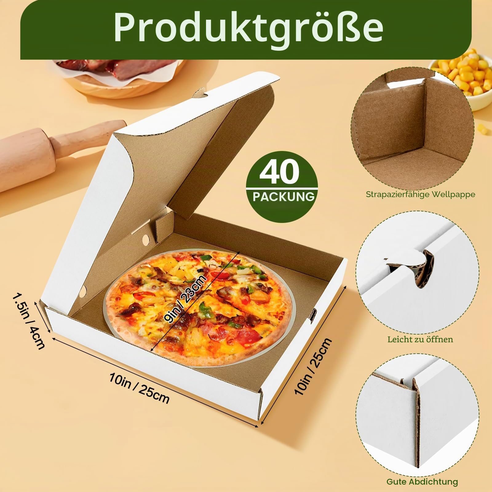 Set von 40 Pizzakartons mit Papierfutter, 25,4 x 25,4 x 3,8 cm, Mini-Pizzakartons aus Wellpappe für Party, Kekse, Kuchen, Hochzeit, Restaurant