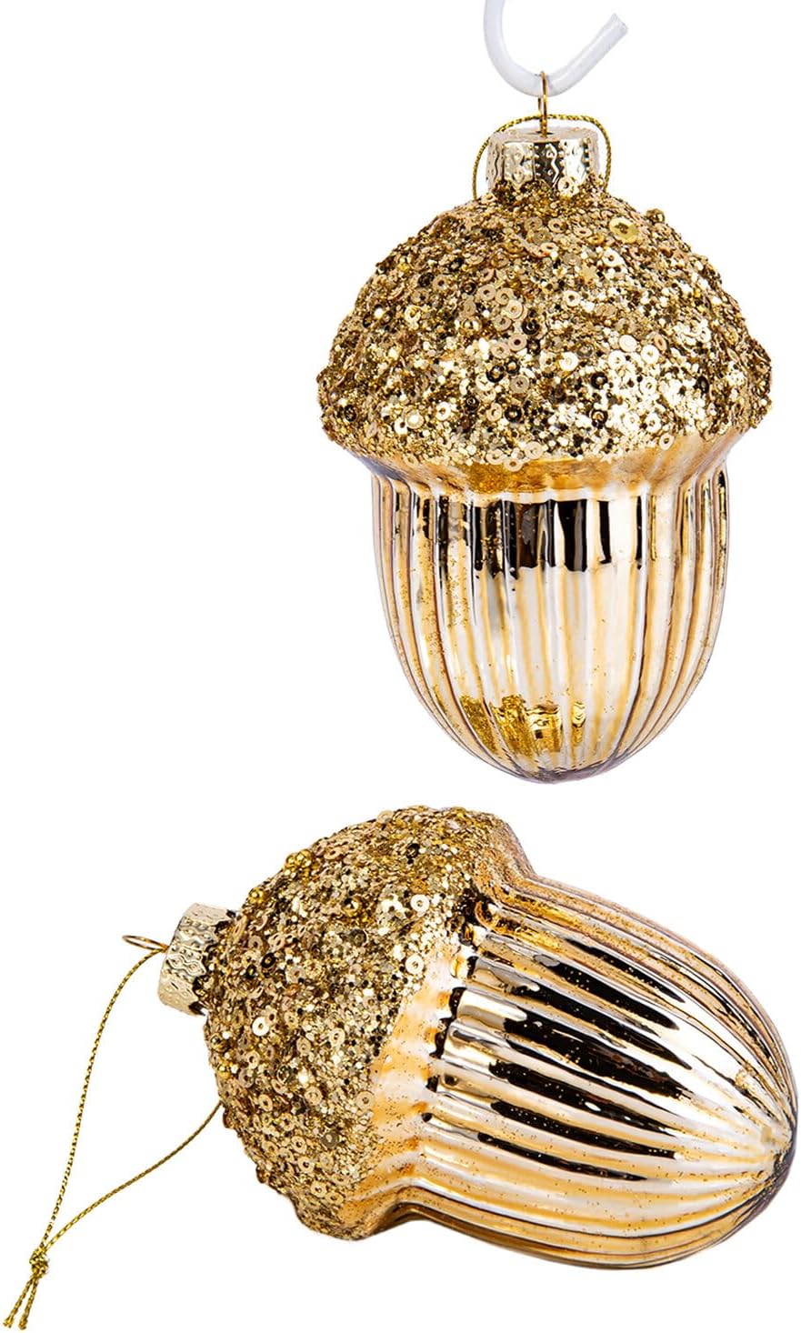 Glass Christmas Tree Ornaments, Ornament for Xmas Decoration Set of 2 (Gold Acorn)