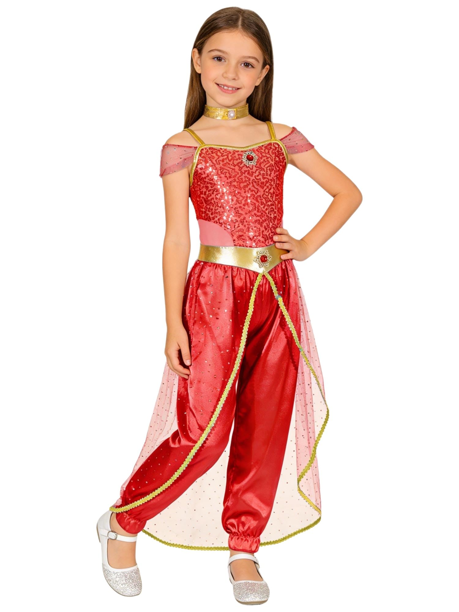 Chaoyinn Kids Girls One Piece Arabian Princess Costume Shiny Sequins Gem Patchwork Long Jumpsuit Bodysuit with Choker Red 11-12 Years
