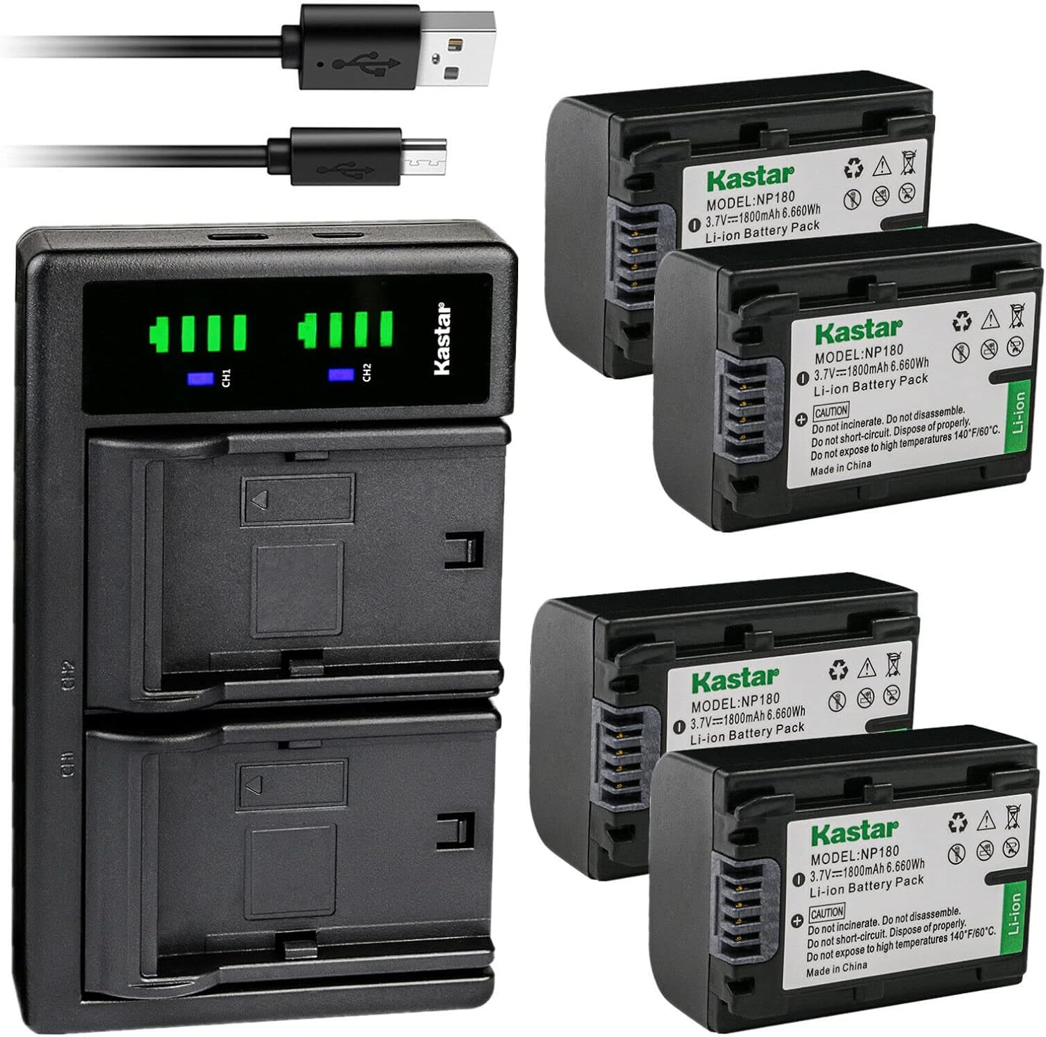 Kastar 4-Pack Battery and LTD2 USB Charger Compatible with Ordro NP-180 NP180 Battery, Ordro HDR-AE8 AE8 Digital Camcorder HD 4K 3 inch IPS Touch Screen Vlog DV Camera IR Night Vision