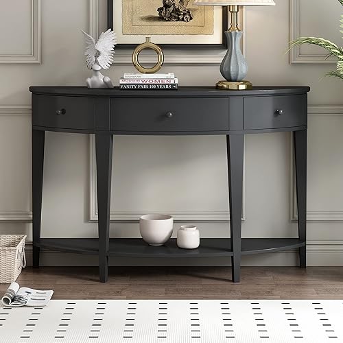 LUMISOL Mesa de sofá curvada con cajones de almacenamiento y estante abierto, diseño curvado circular estrecho mesa de sofá para entrada, sala de