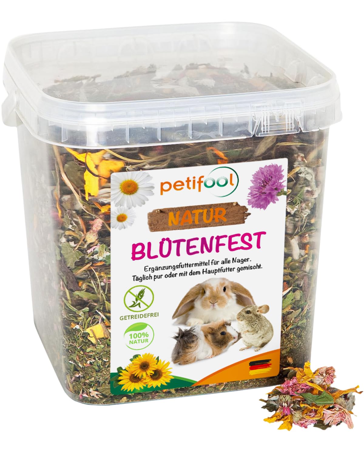 petifool Blütenfest 380 g - Supplementary Food for Rodents - Natural Rodent Food for Rabbits, Guinea Pigs, Hamsters, Chinchilla & More - No Artificial Additives - 100% Natural - Species-Appropriate
