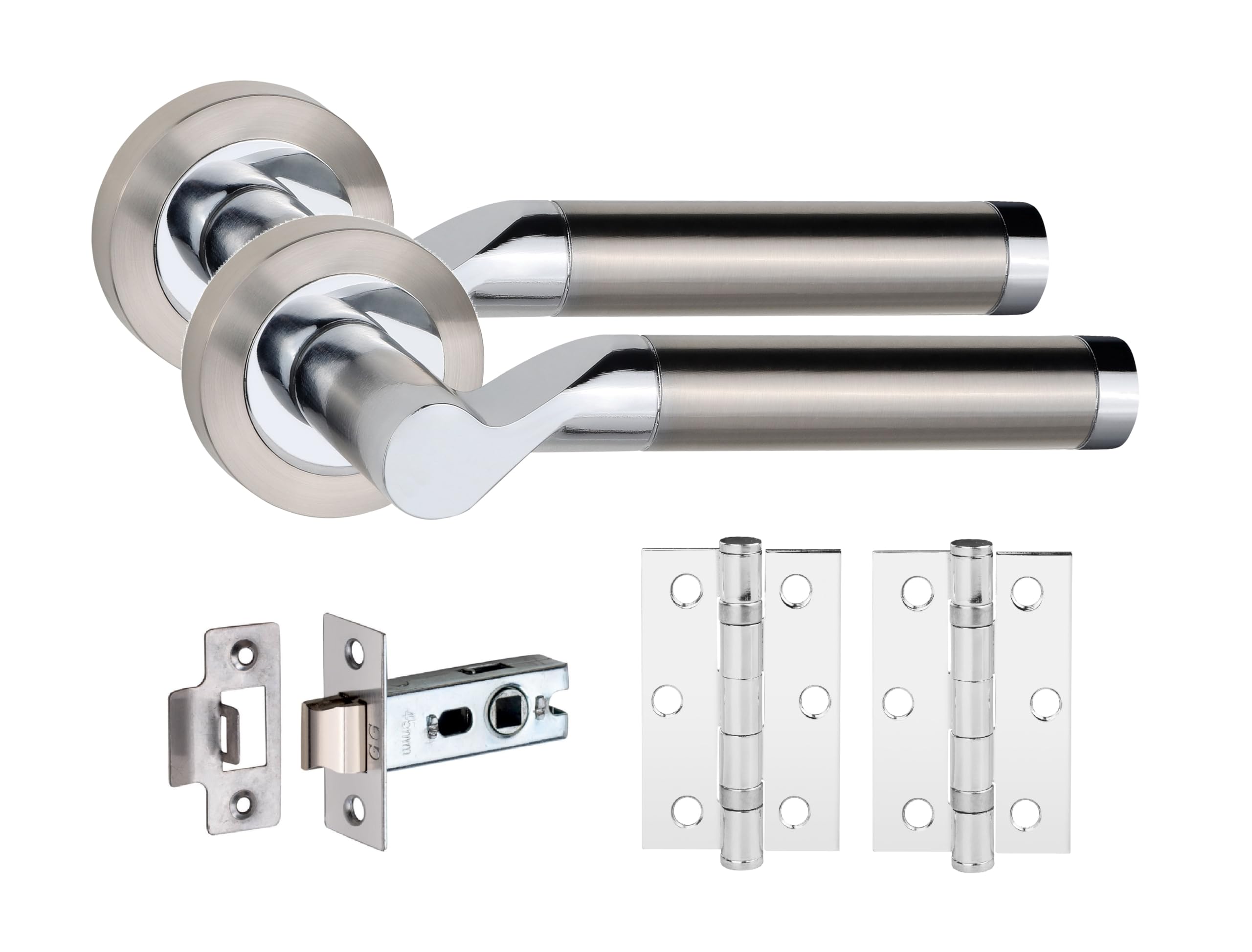 Golden Grace Titan Modern Bathroom Door Handle Set Satin Nickel and Polished Chrome