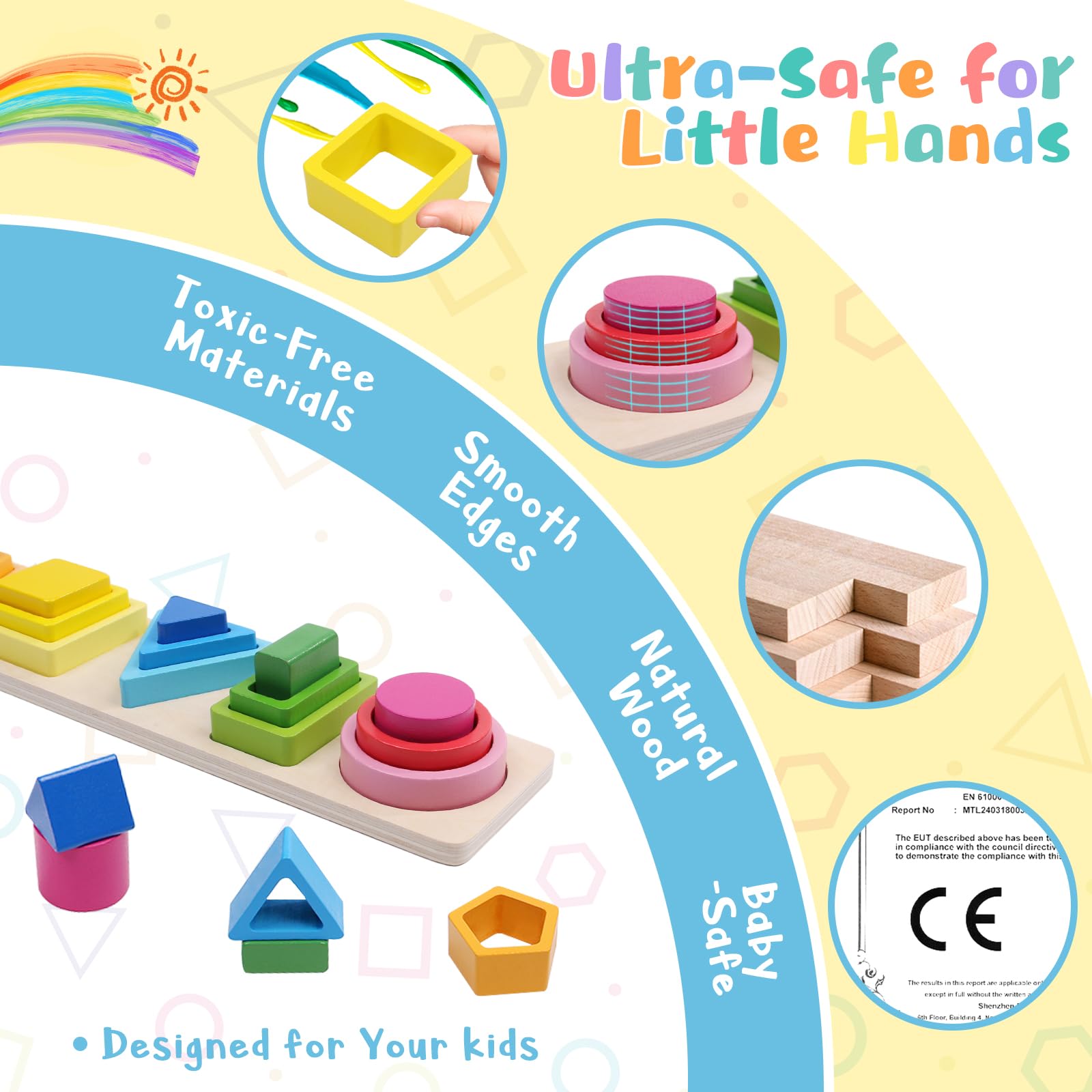 Kids Wooden Shape Sorting & Stacking Toys, Color Recognition Geometric Blocks Matching Puzzle - Image 4