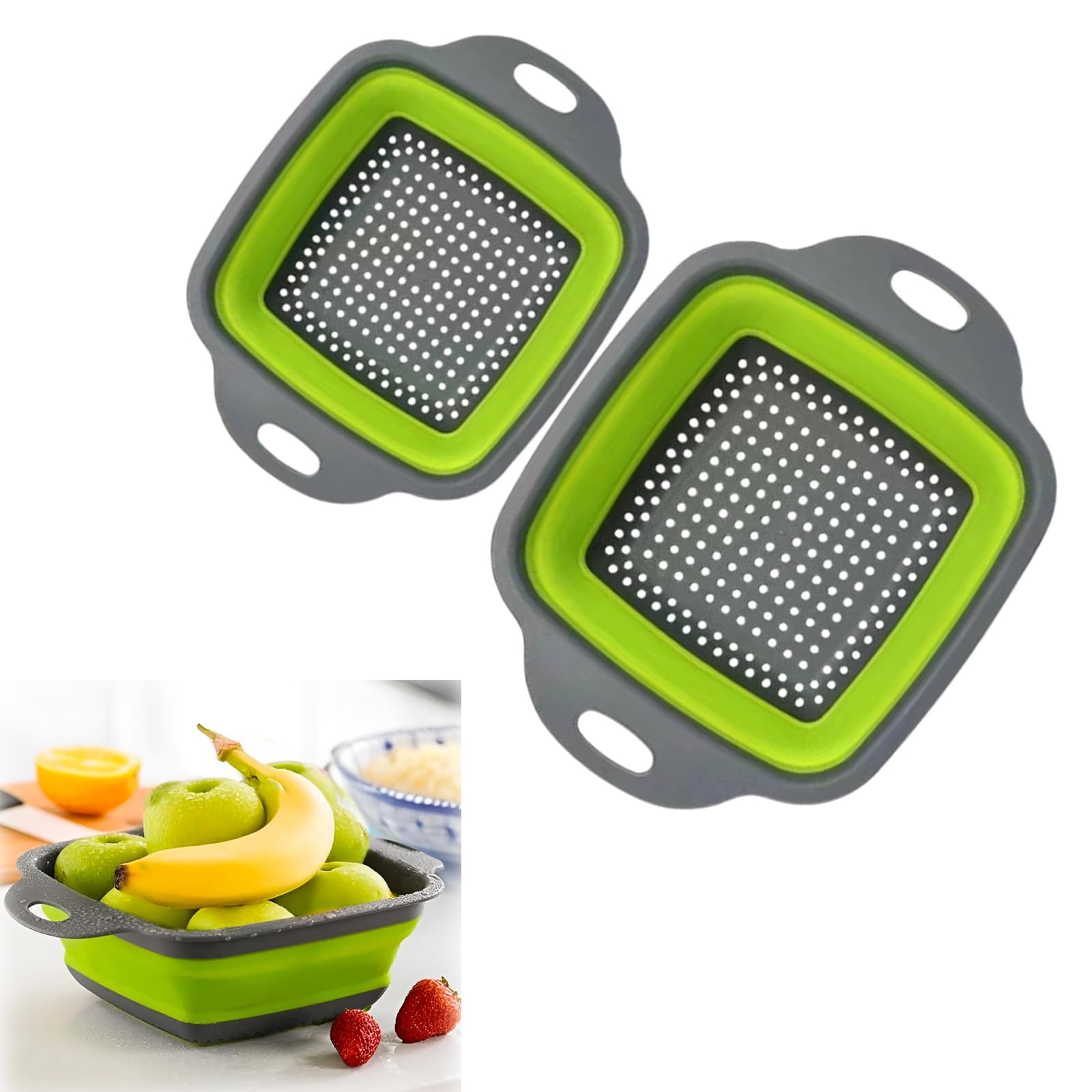 Collapsible Silicone Colander Set - 2 Sizes, Green - Suitable For Pasta, Vegetable, Fruit - Compact Kitchen Essential for Easy Draining - Space-Saving Design