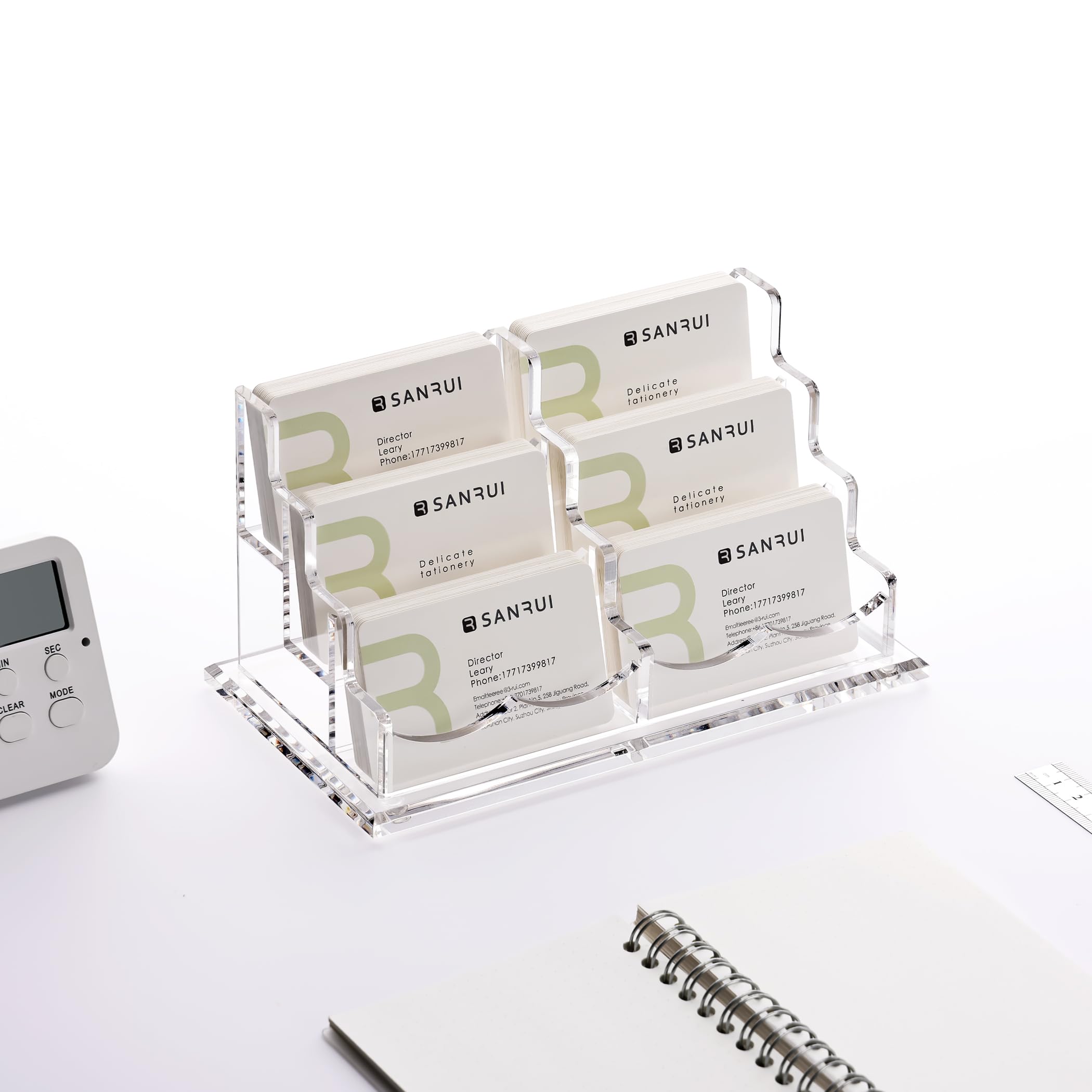 SANRUI - Tarjetero de acrílico para escritorio o oficina, soporte para tarjetas de visita, pantalla transparente de 3 niveles con 6 bolsillos