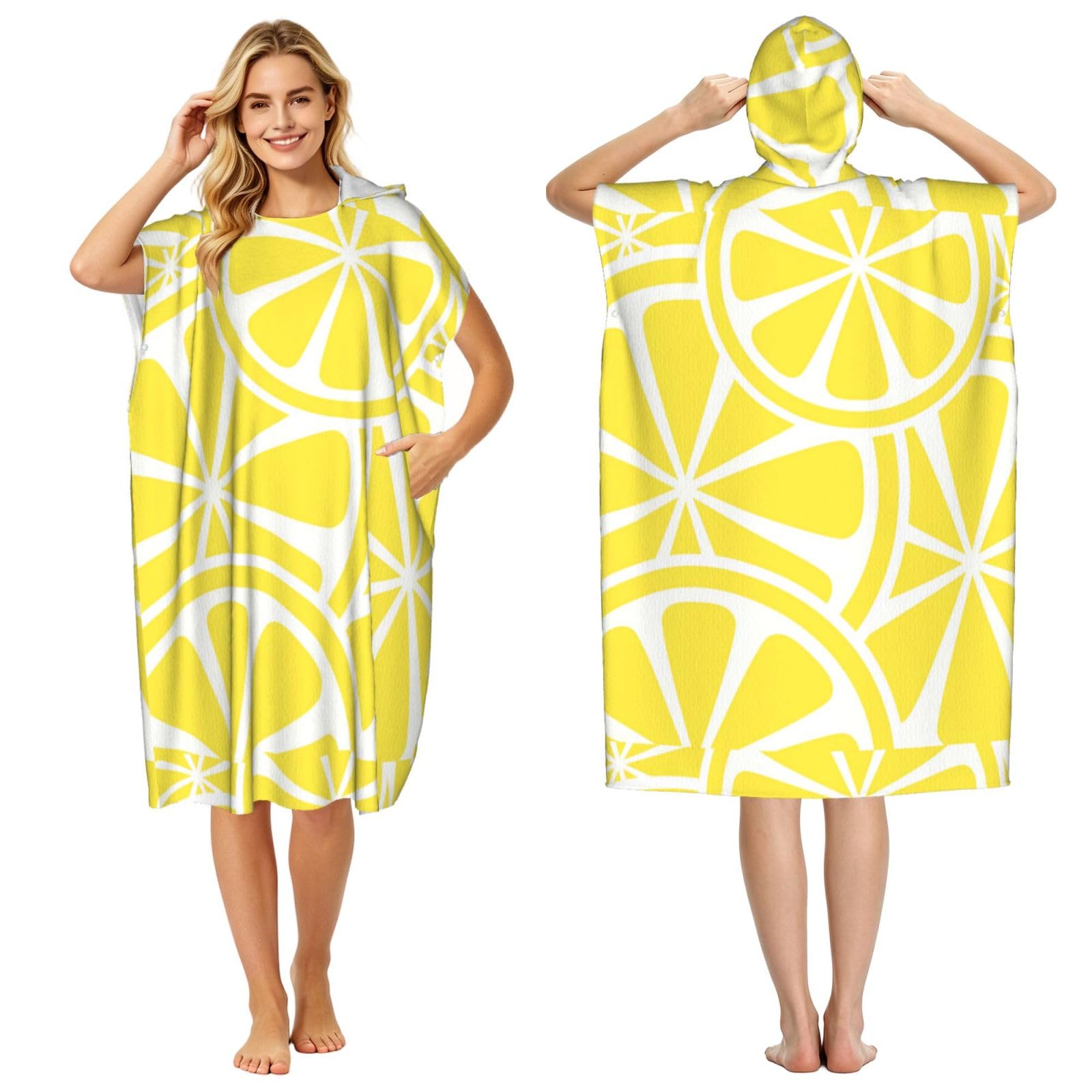 Poadnly Lemon Slice Yellow, Adult Hooded Beach Towel 90 x 110 cm,Changing Bath Robe, Surf Poncho Towel For Women Men