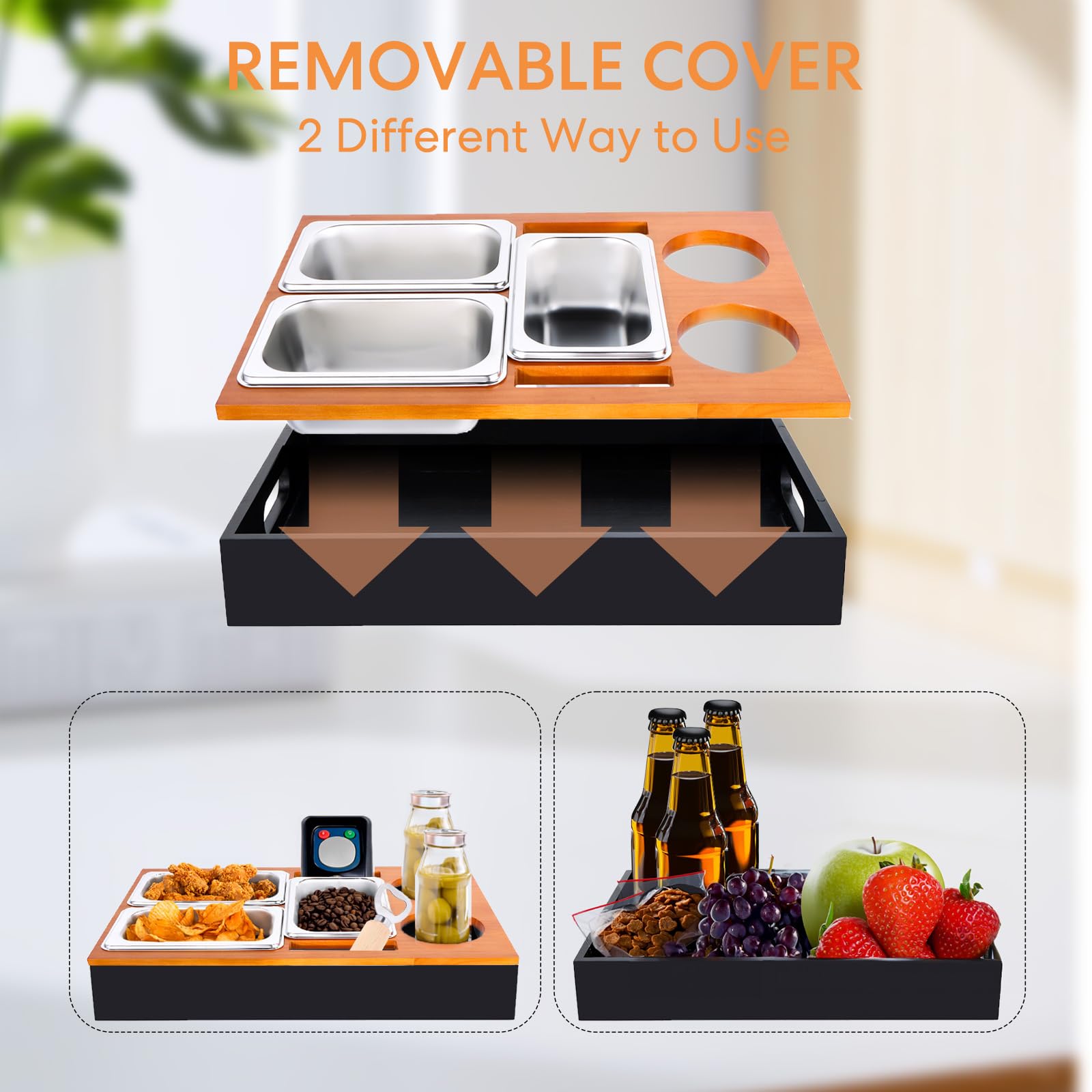 Plateau Canapé Snack Box En Bois Avec Bols Inox - Porte-bouteilles, Compartiments Pour Téléphone Et Télécommande