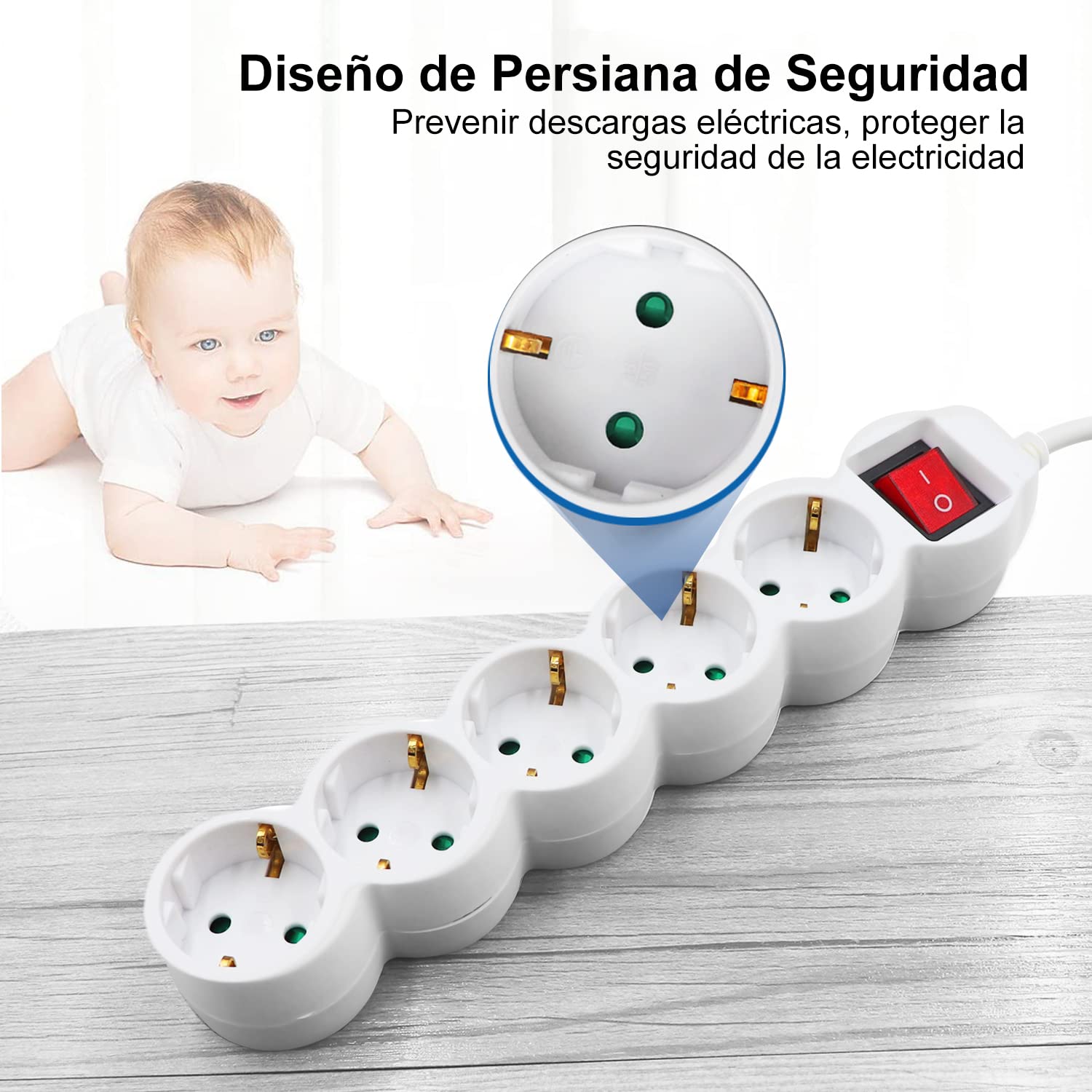 EXTRASTAR Regleta Alargador de 5 Metros con 5 Enchufes e Interruptor, para el hogar, Oficina y Viajes, Blanco 1Pc — view 3