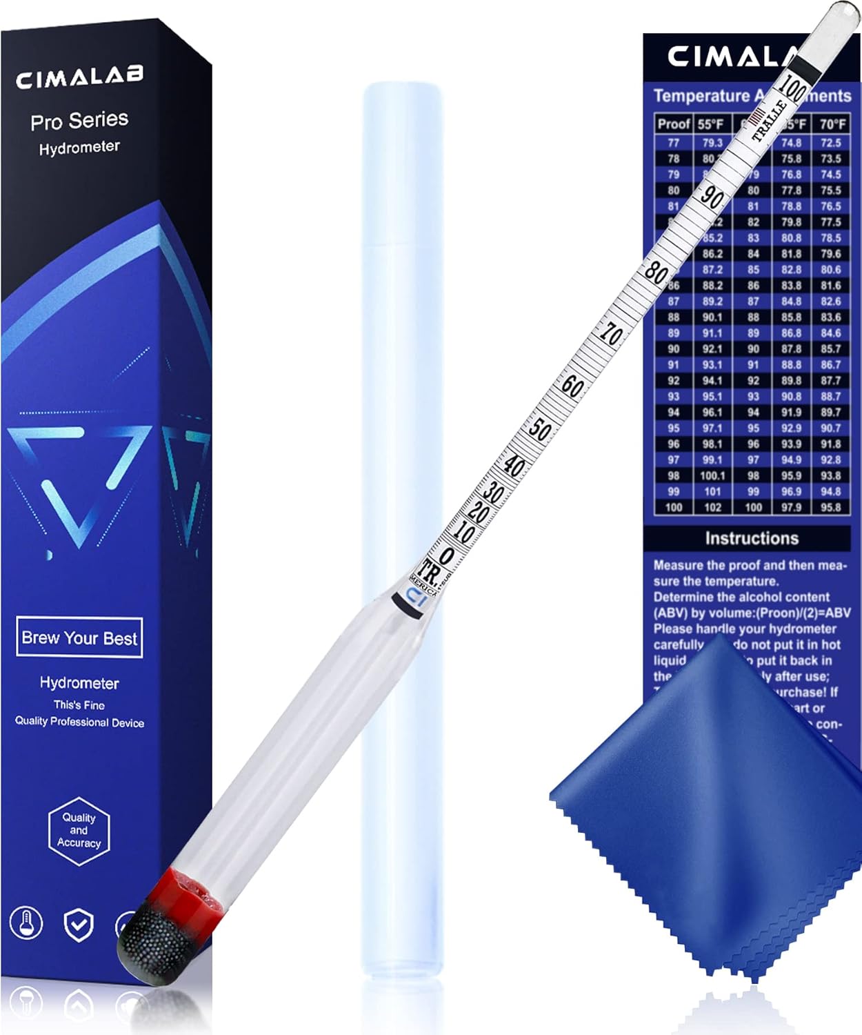 Cimalab Hydrometer Alcohol Meter, Hydrometer Alcohol 0-200 Proof and Tralle Hydrometer, Alcohol Proof Tester for Liquor/Moonshine/Proofing Distilled/Spirits/Distilled Alcohol Proof Hydrometer Test Kit