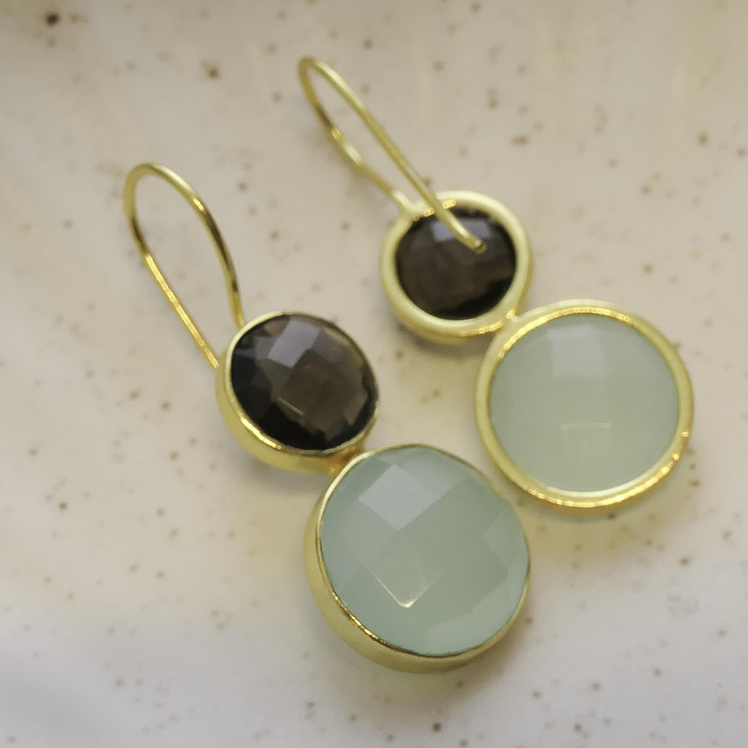 Rauchquarz & Aqua Chalcedon Edelstein Ohrringe | Hängende Ohrringe Damen Gold Silber 925 Vergoldet 4cm, Handgefertigt von GIA-Gemmologin Geschenk zum Geburtstag