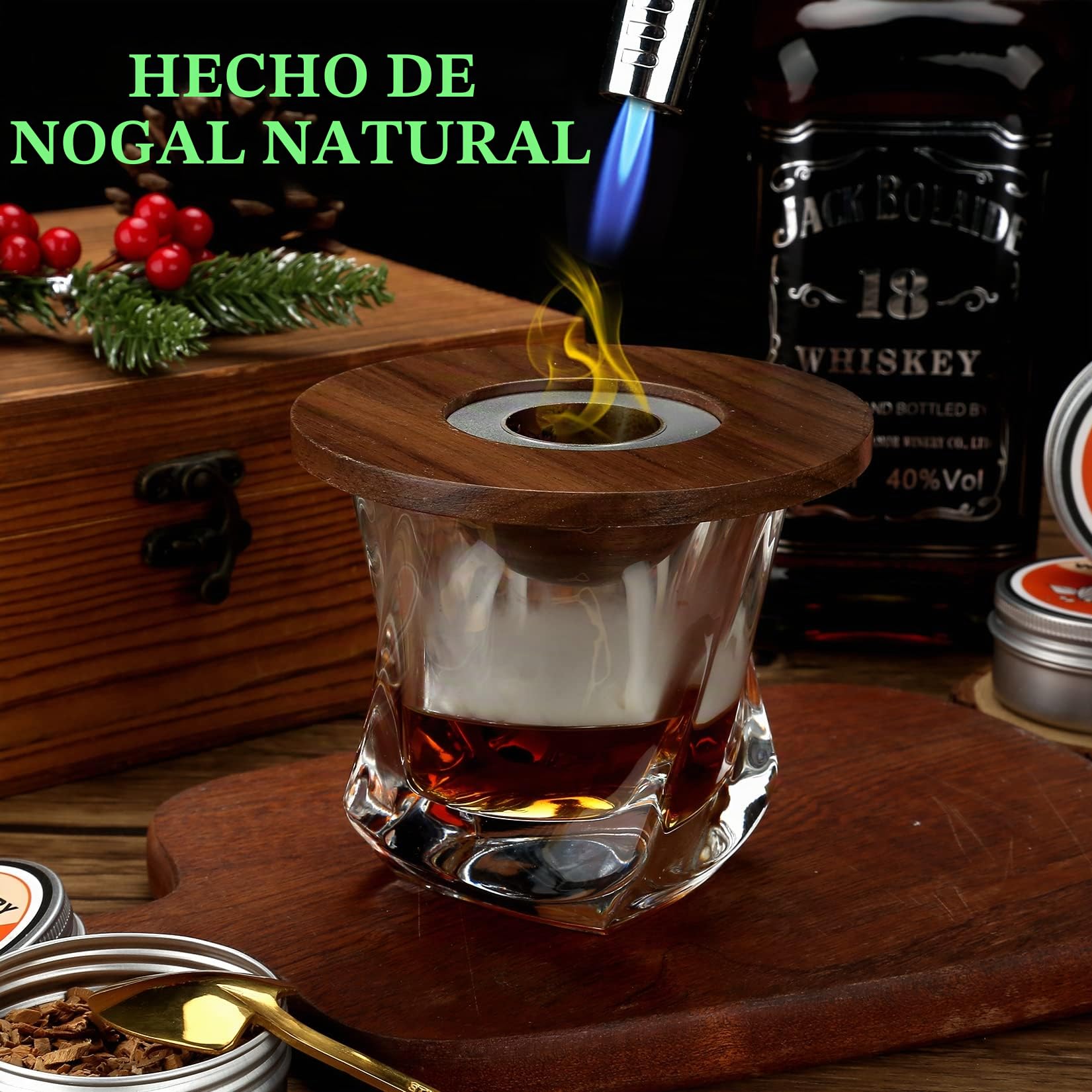 it de cóctel para Fumadores con 4 astillas de Madera, Kit de Bebidas para Fumadores de Whisky a la Antigua, ahumador de Whisky para cócteles, Vino, Bourbon, Regalo para Hombres, Esposo, papá -Nuez
